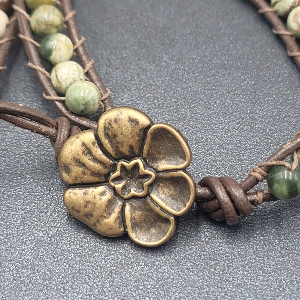 Lot of 3 Bracelets Stone Beads Flower Peace Sign Cord Bronze tone Clasp