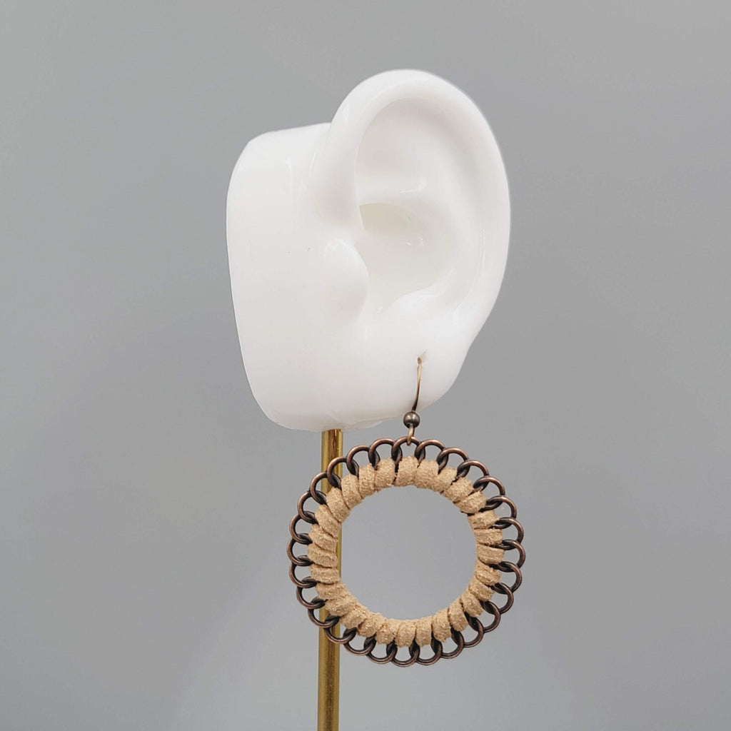 Pierced Earrings Bronze tone Dangle Faux Suede Leather Wrapped 1 5/8"