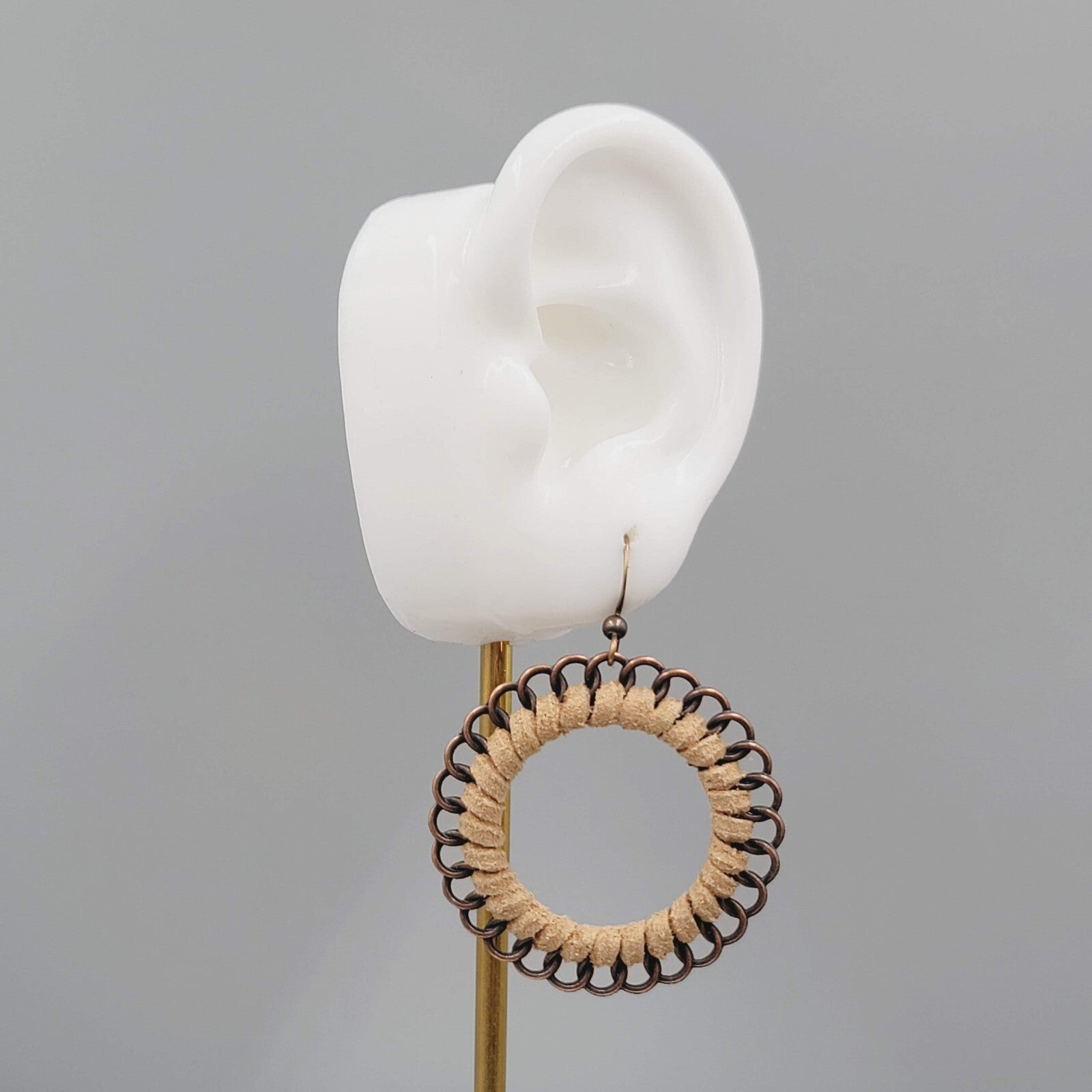 Pierced Earrings Bronze tone Dangle Faux Suede Leather Wrapped 1 5/8"