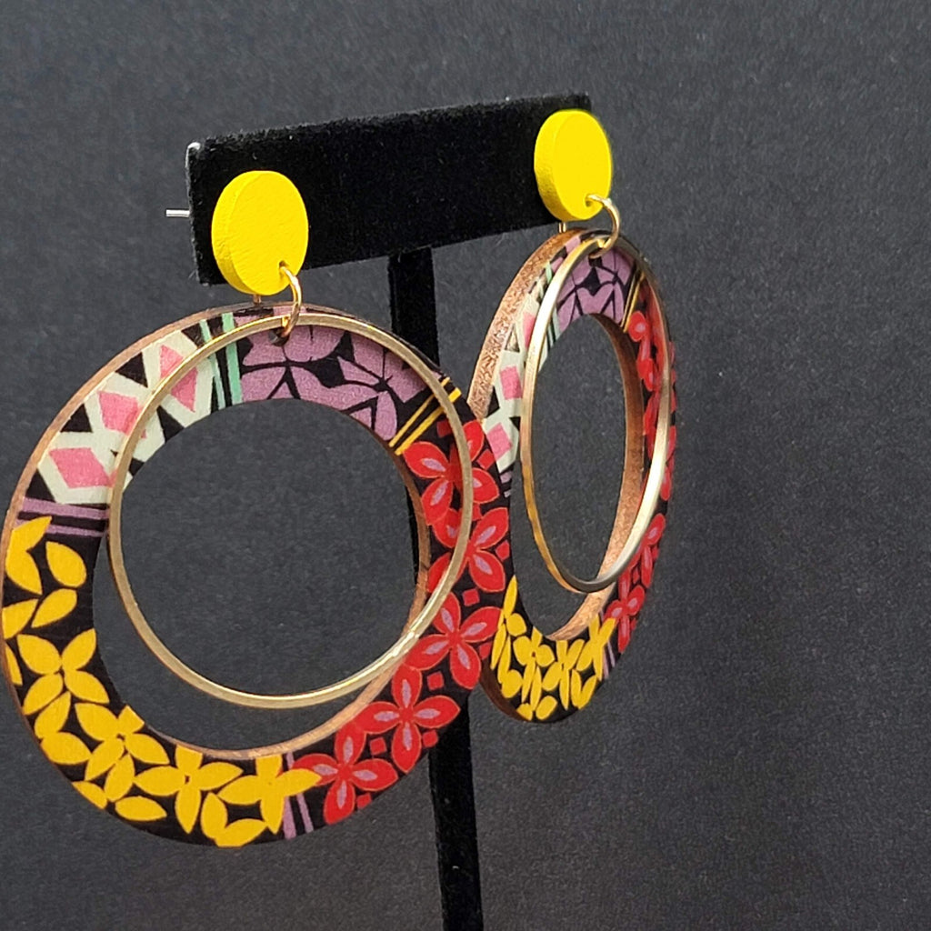Pierced Earrings Multicolor Yellow Gold tone Wood Hoops Statement 2 3/8"