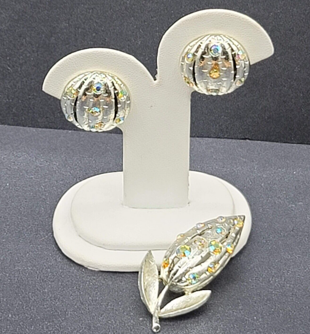 Vintage Flower Brooch Clip on Earrings Set Silver tone AB Rhinestone