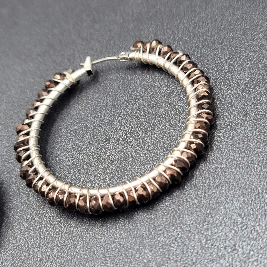Pierced Earrings Silver tone Brown Glass Beaded Hoops 1.75"