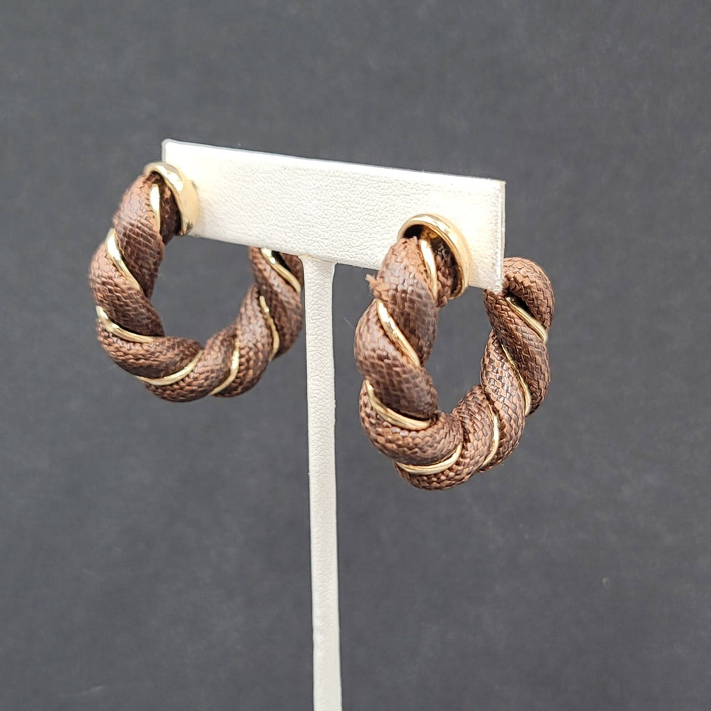 Pierced Earrings Gold tone Brown Fabric Wrapped Drop Hoops 1.5"