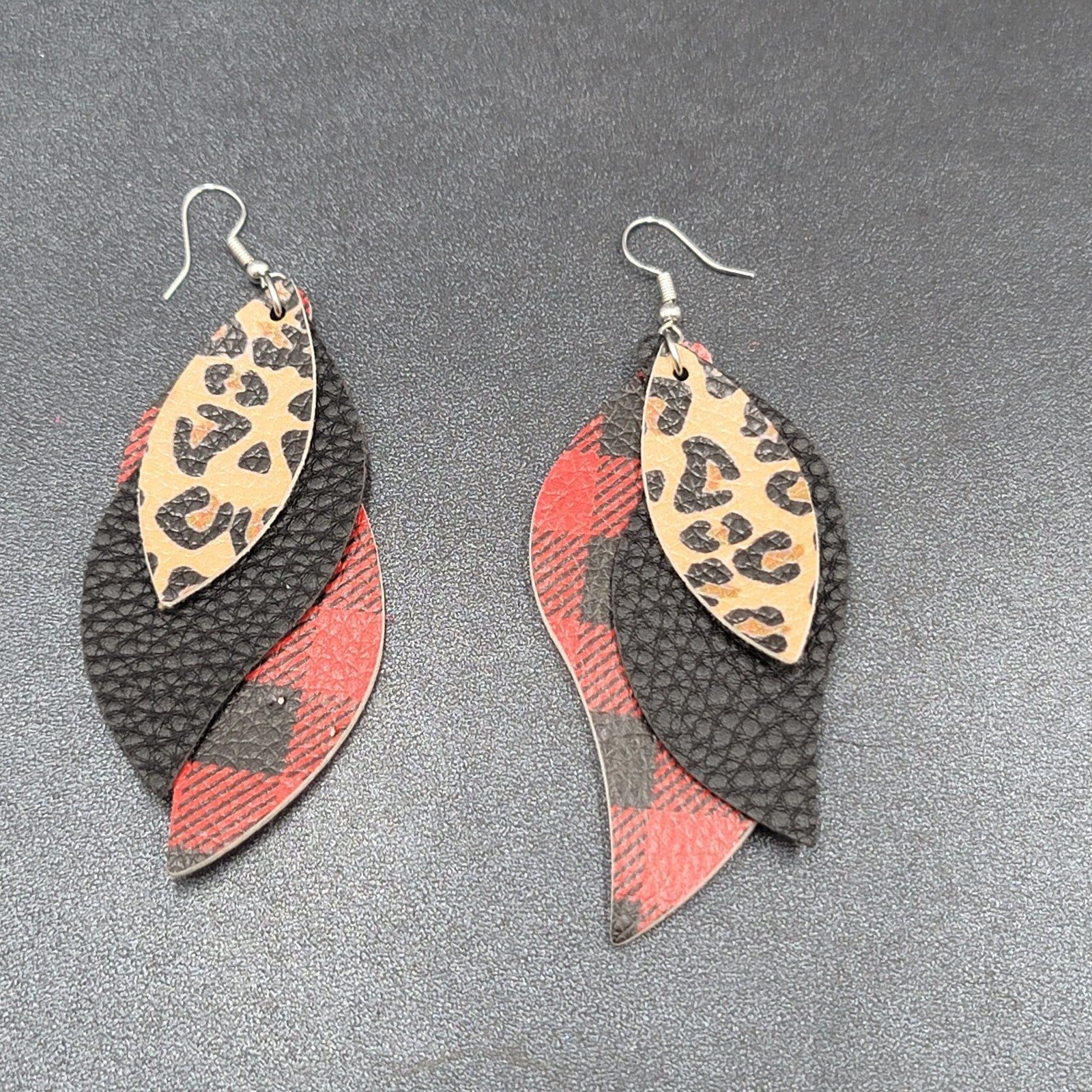 Pierced Earrings Faux Leather Leopard Print Red Plaid Silver tone Dangle 3"