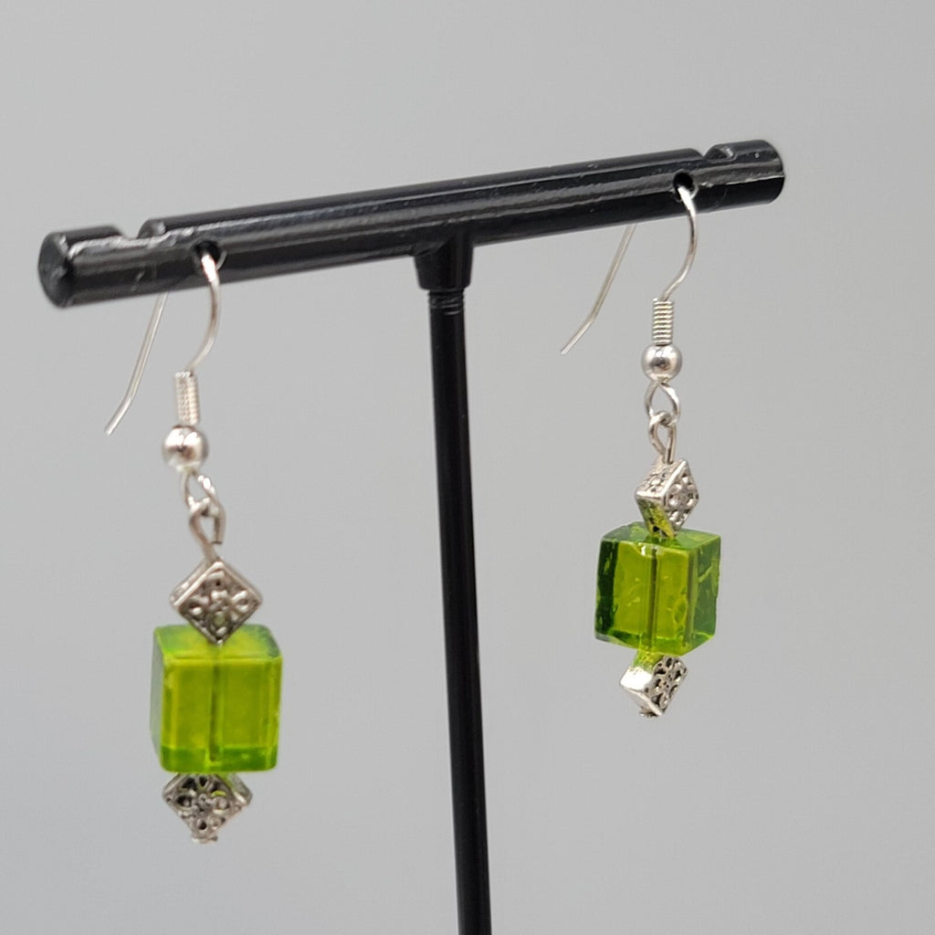 Pierced Earrings Square Green Glass Bead Silver tone Dangle 1"