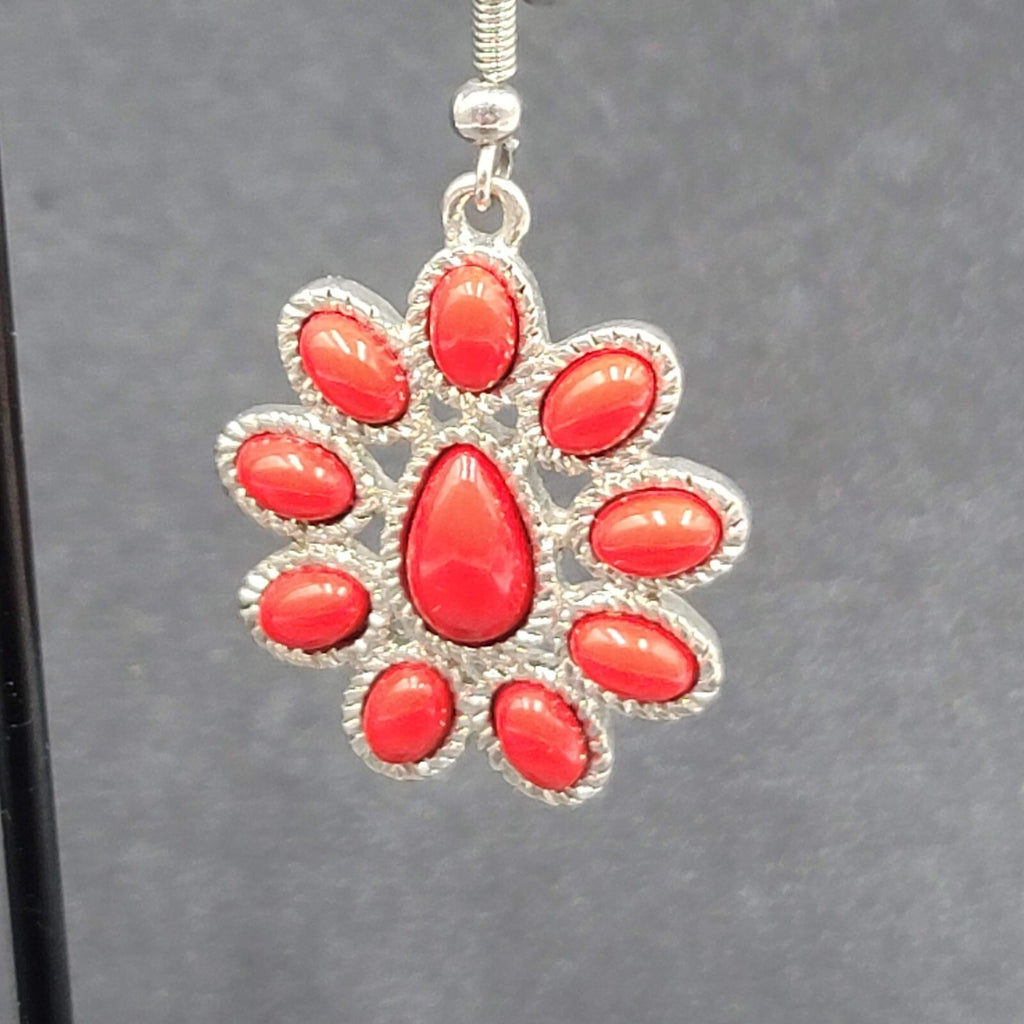 Pierced Earrings Silver tone Red Acrylic Accents 1 1/8"
