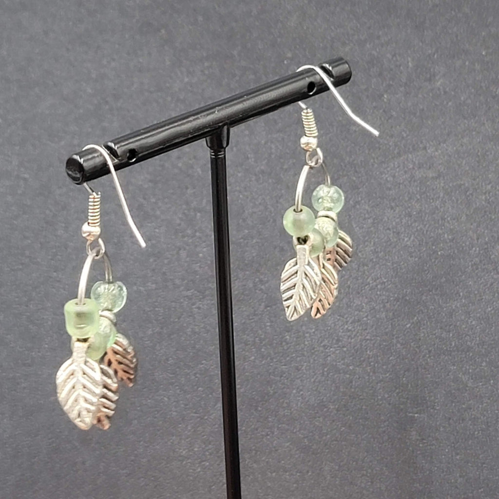 Pierced Earrings Silver tone Green Glass Bead Leaves Dangle  1.25"