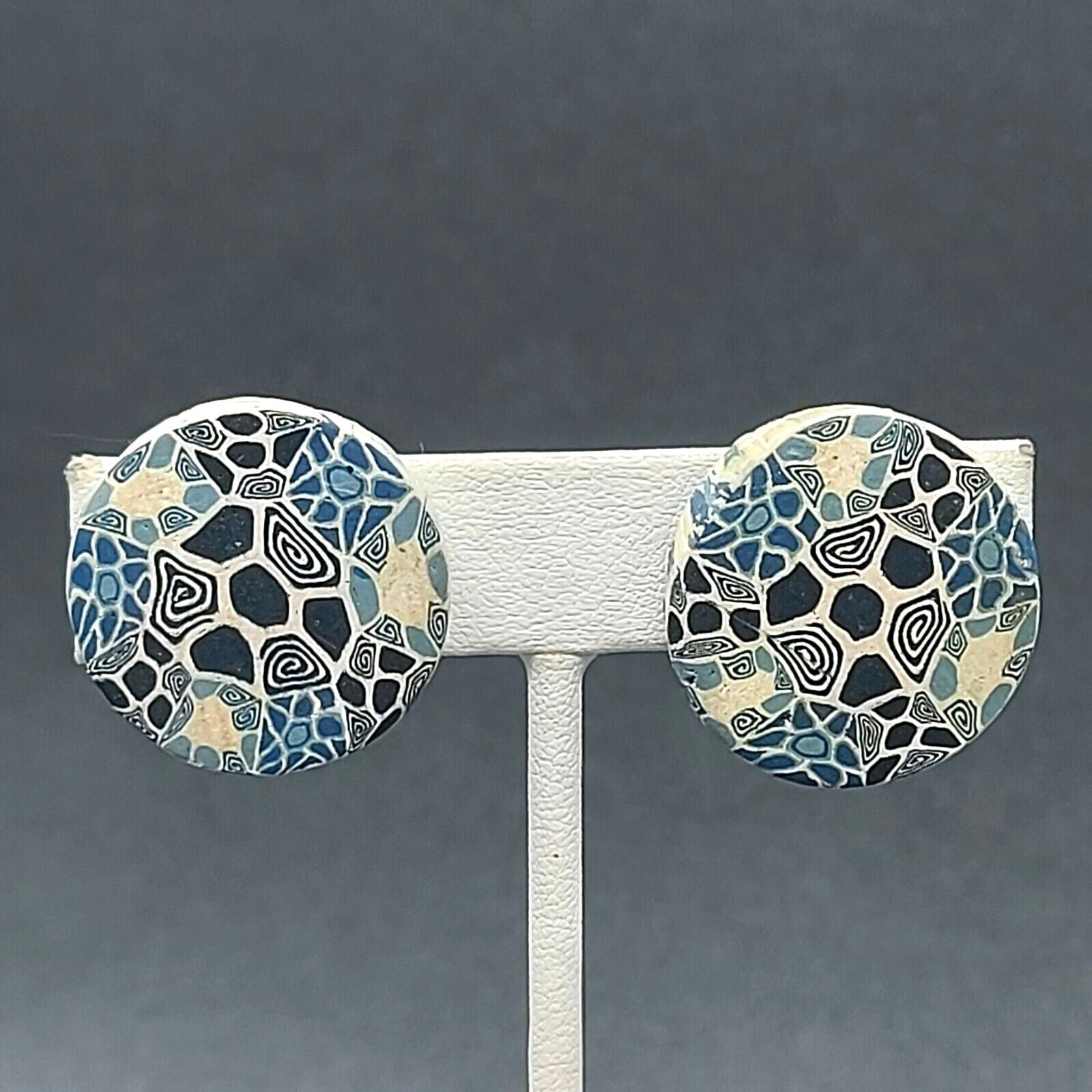 Vintage Clip on Earrings Blue Polymer Clay Disc Button Style 1"
