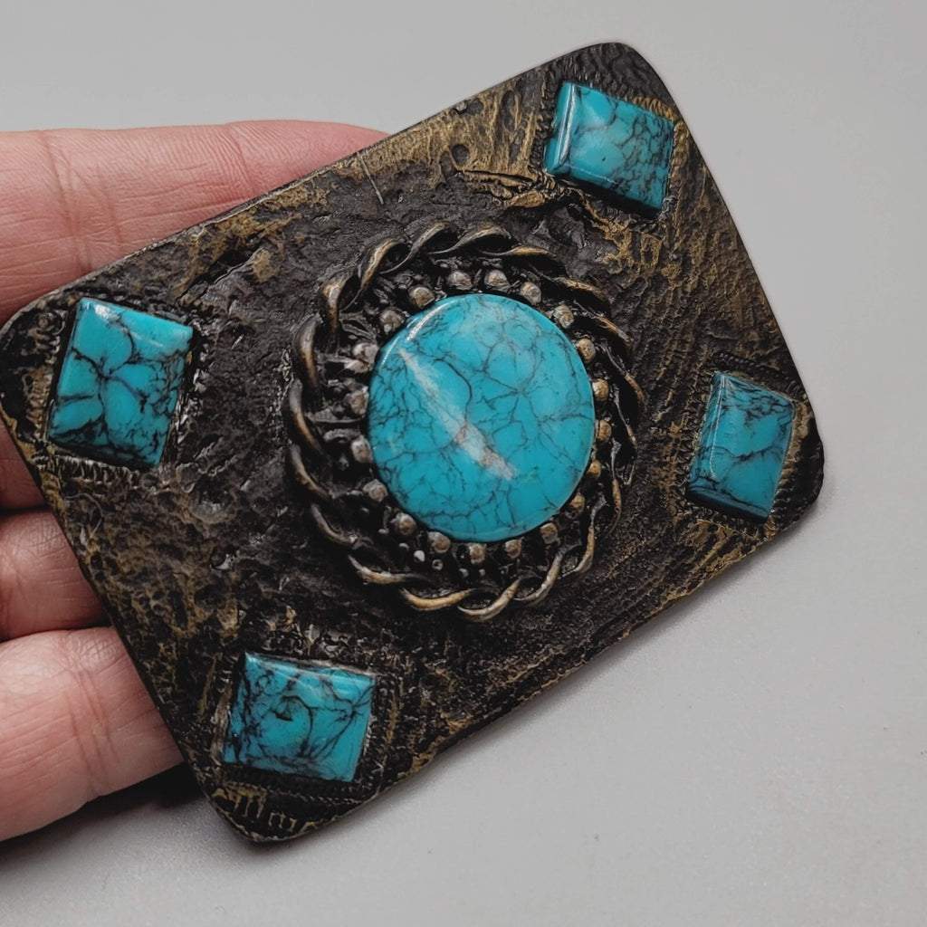 Vintage Belt Buckle Brass Blue Acrylic Accents 3 1/4" x 2 3/8"