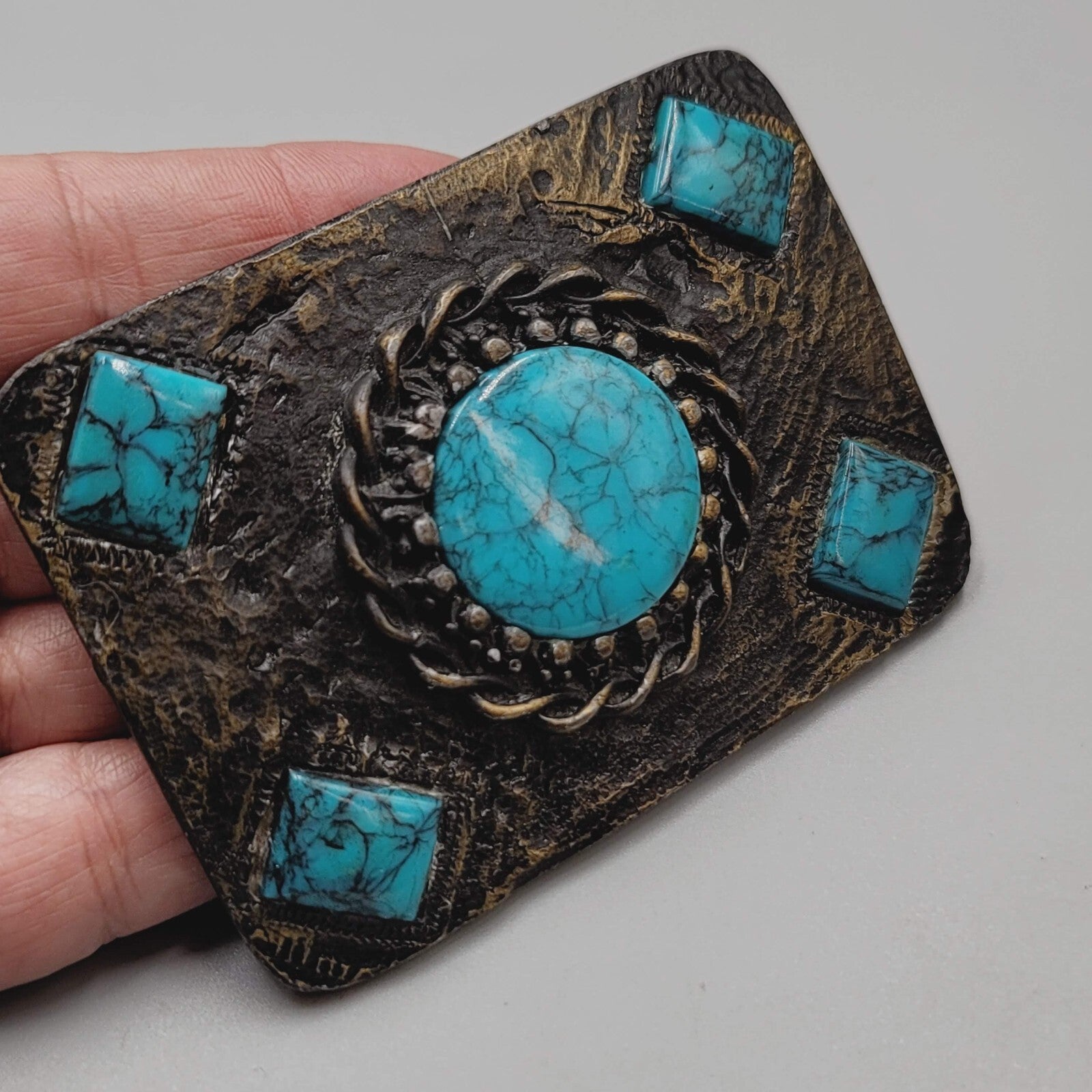 Vintage Belt Buckle Brass Blue Acrylic Accents 3 1/4" x 2 3/8"