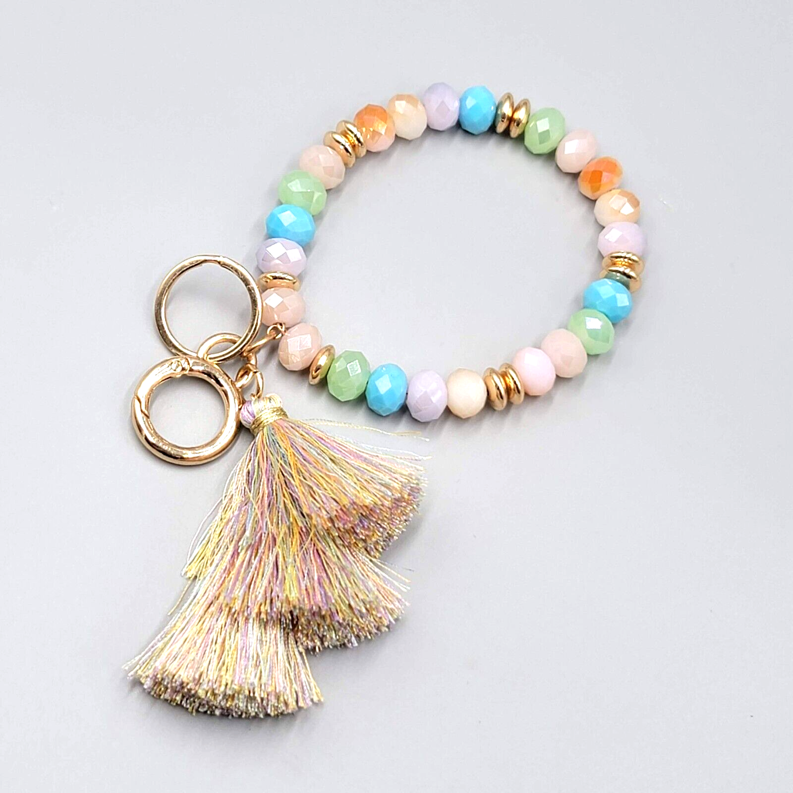 Pastel Color Faceted Glass Bead Bangle Bracelet Wristlet Key Rings Keychain