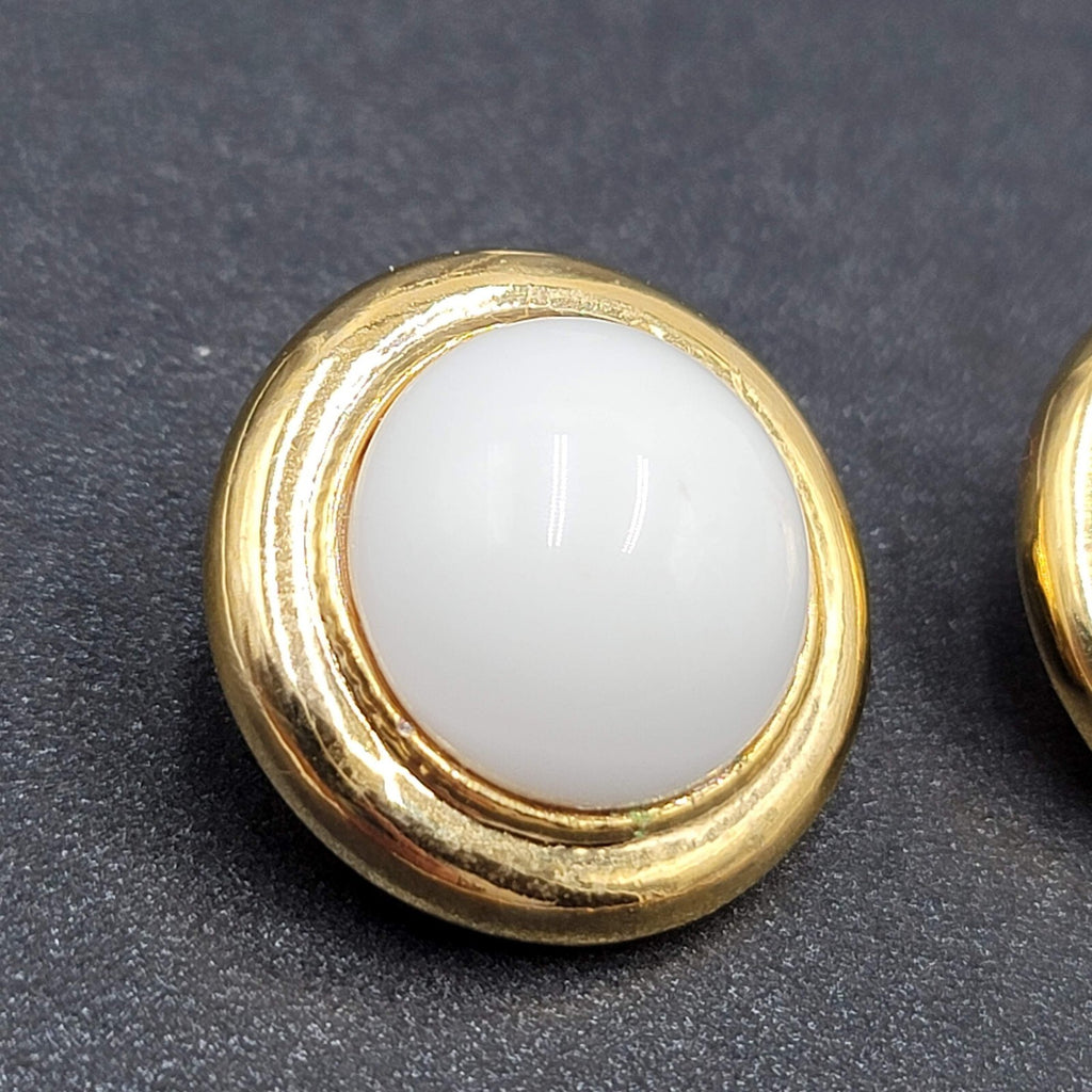 Vintage Clip on Earrings Gold tone White Acrylic Dome Drop Studs 1"