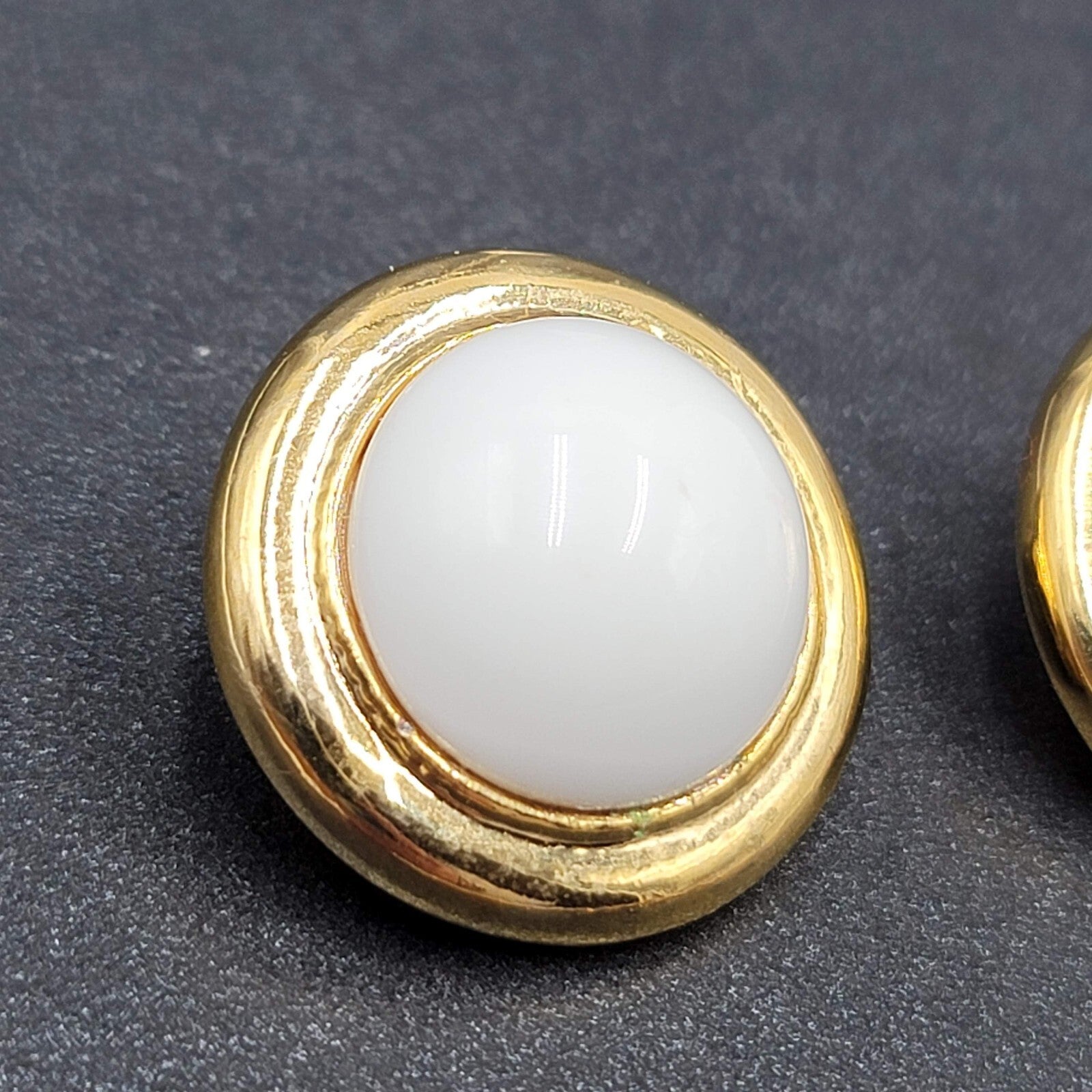 Vintage Clip on Earrings Gold tone White Acrylic Dome Drop Studs 1"