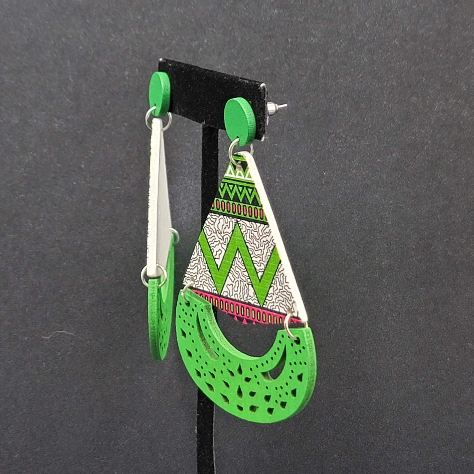 Pierced Earrings Green Multicolor Wood Statement Dangle Large 3"