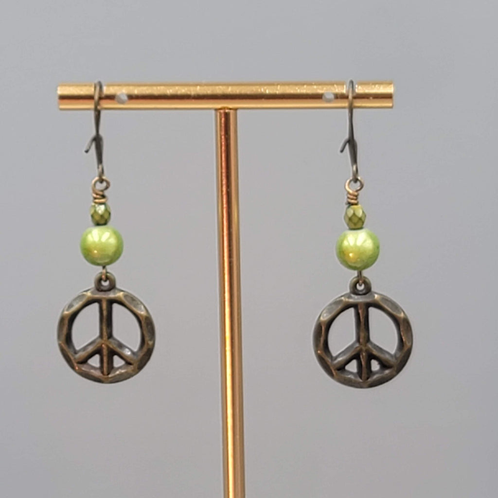 Peace Sign Pierced Earrings Bronze tone Green Bead Dangle 1.5"