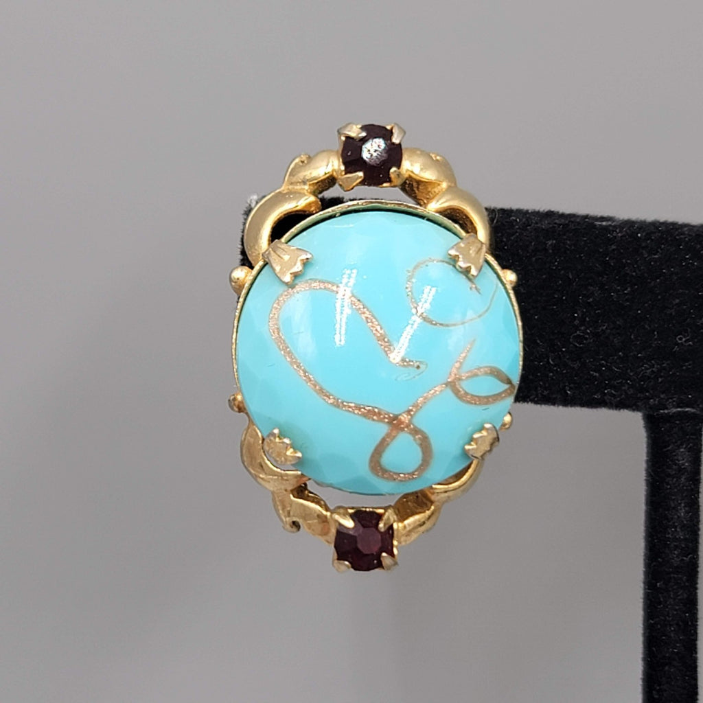 Vintage Blue Art Glass Clip on Earrings Gold tone Black Rhinestone 1.25 in