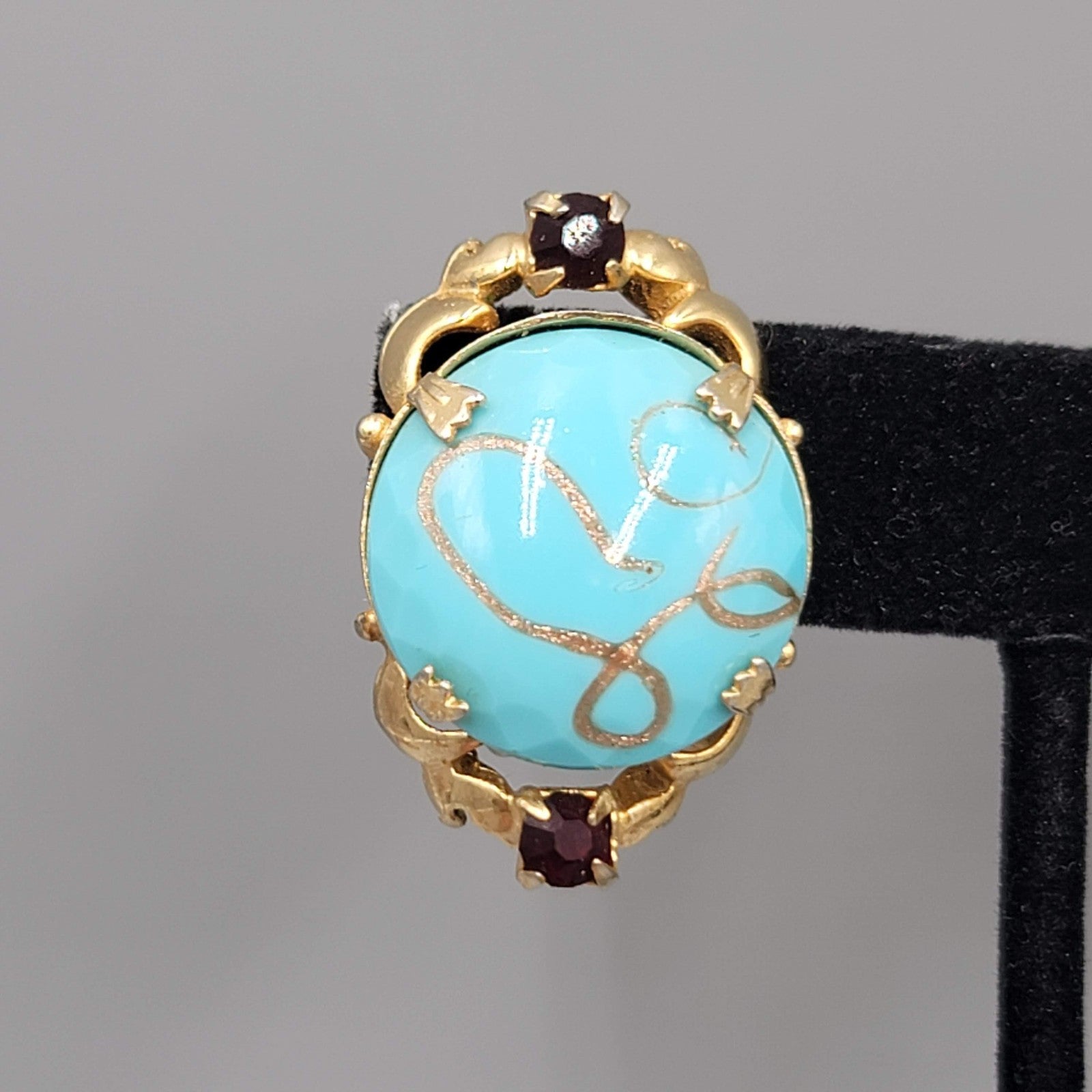 Vintage Blue Art Glass Clip on Earrings Gold tone Black Rhinestone 1.25 in