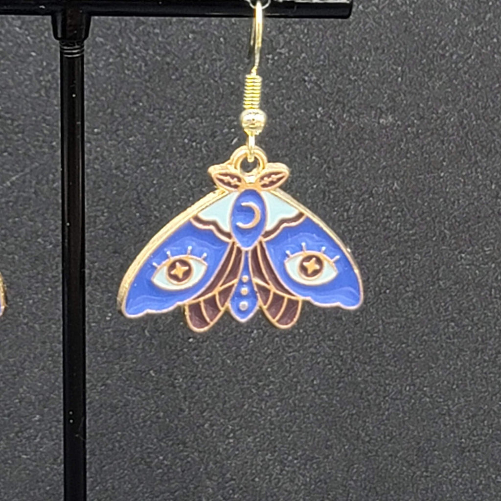 Evil Eye Moth Pierced Earrings Gold tone Blue Enamel Dangle 3/4"