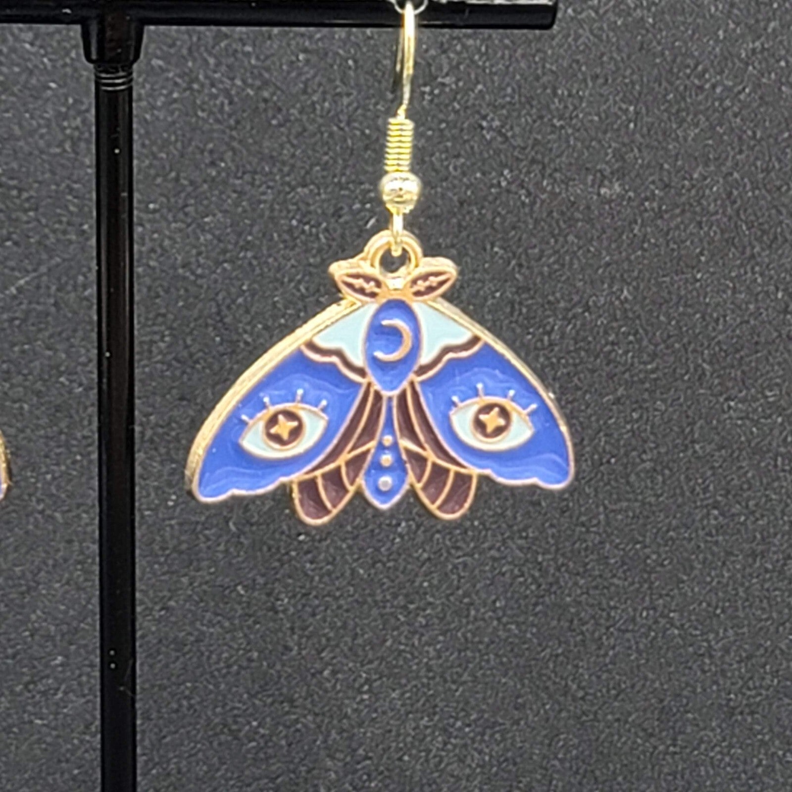 Evil Eye Moth Pierced Earrings Gold tone Blue Enamel Dangle 3/4"