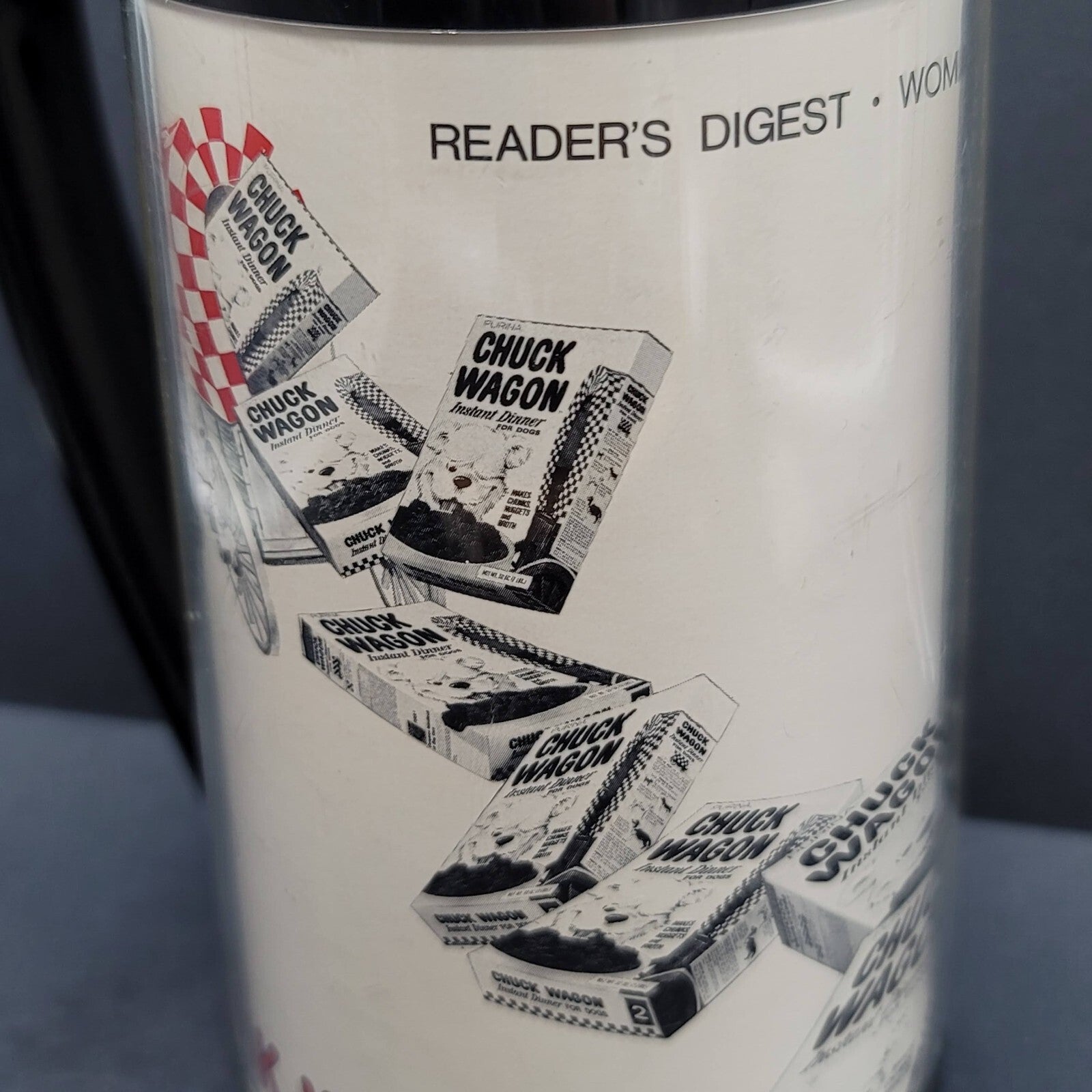Vintage Thermo Serve Coffee Tumbler Cup CHUCK WAGON Dog Advertising Magazines