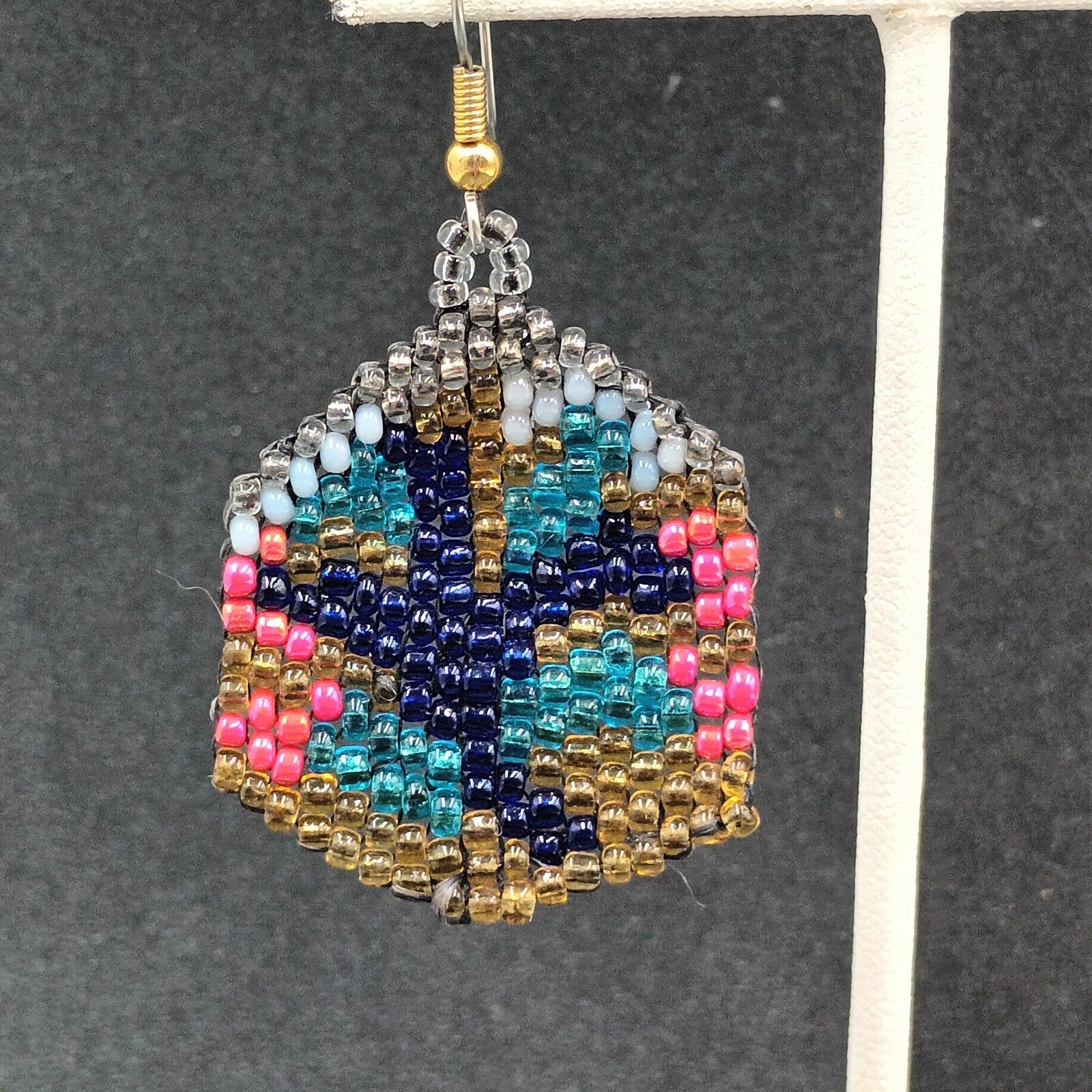 Pierced Earrings Multicolor Seed Bead Art Silver tone Hook Dangle 1 1/2"