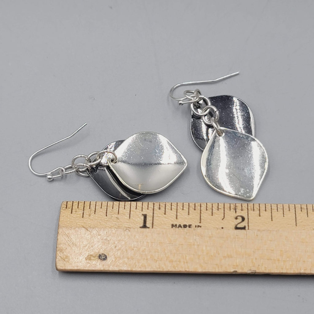 Pierced Earrings Gunmetal and Silver tone Layered Dangle 1.5"