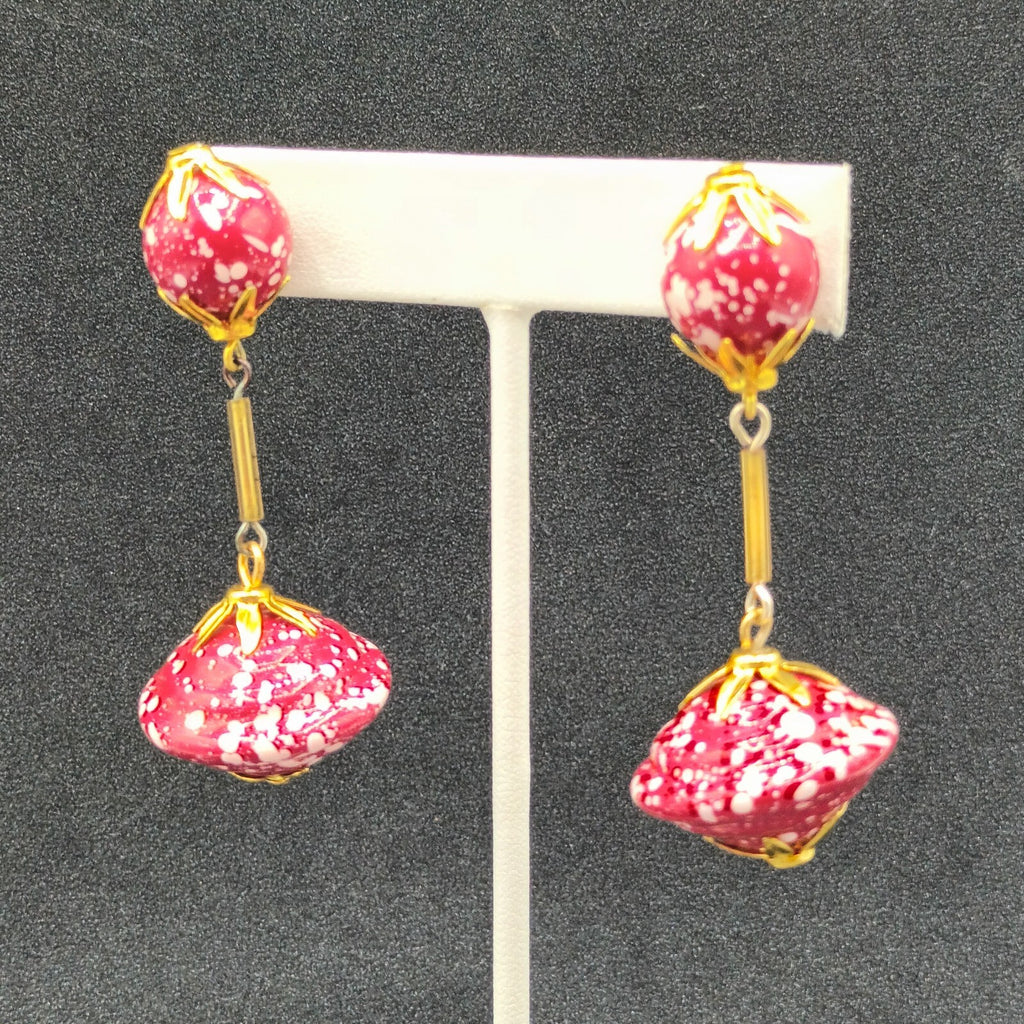 Vintage Pierced Earrings Gold tone Red White Acrylic Large Bead Dangle 2 1/2"