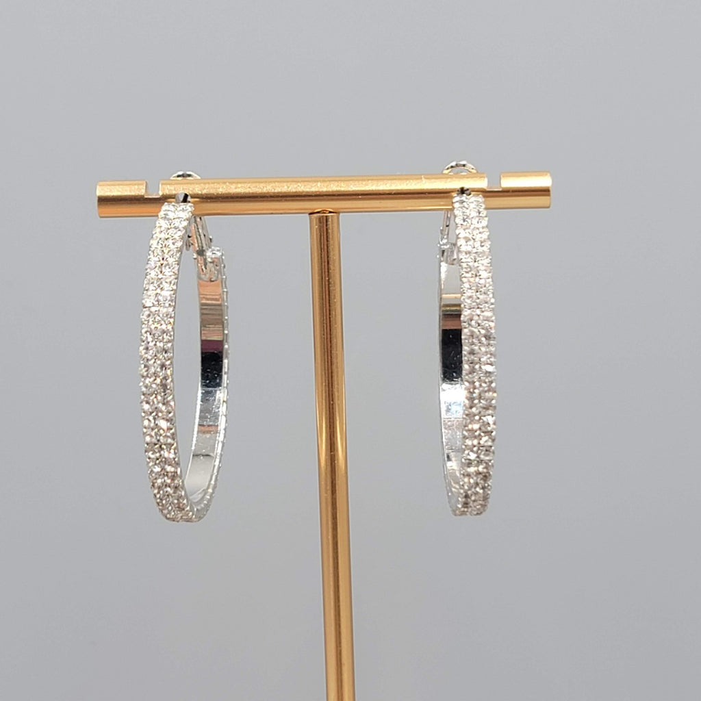 Rhinestone Studded Round Hoops Pierced Earrings Silver tone 1.5 in