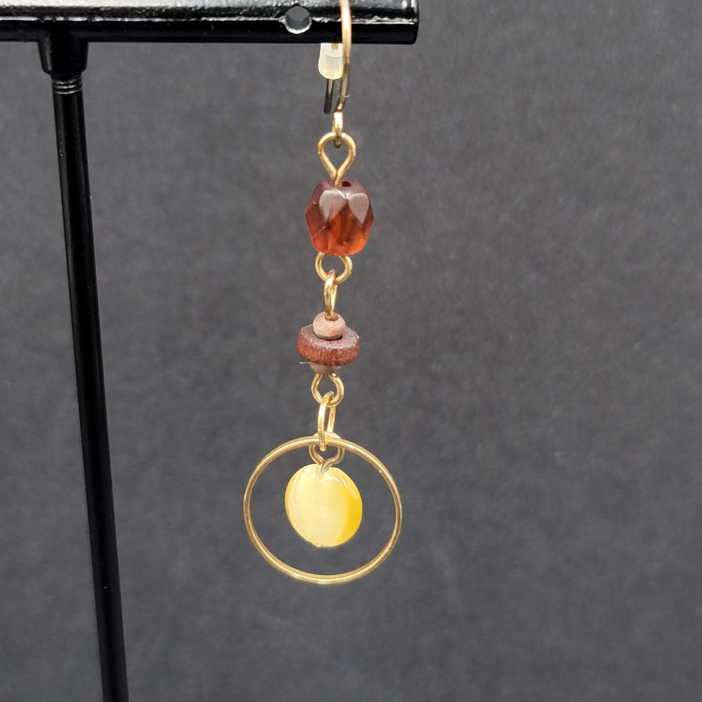 Pierced Earrings Gold tone Beaded Wood Dangle 1.75"