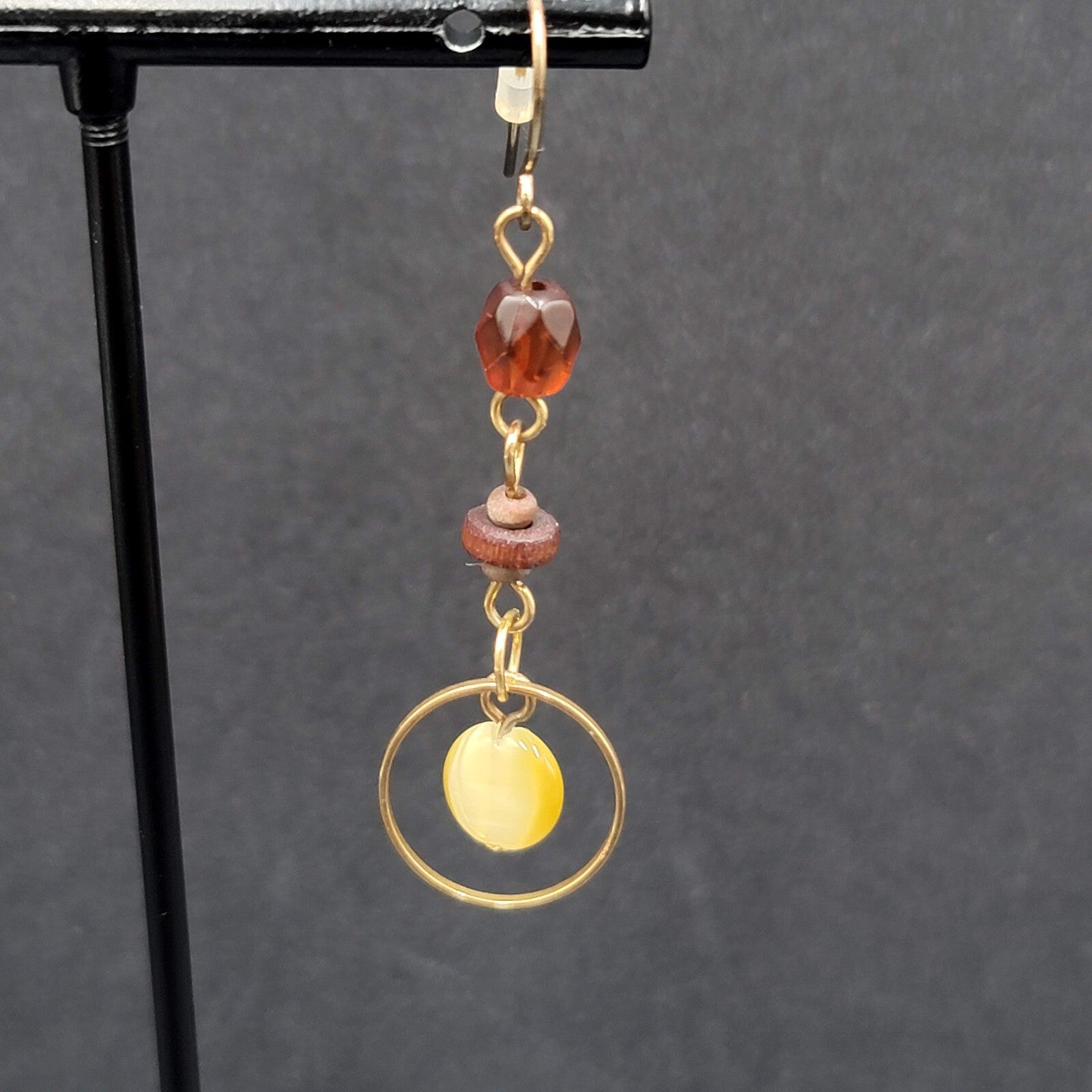 Pierced Earrings Gold tone Beaded Wood Dangle 1.75"