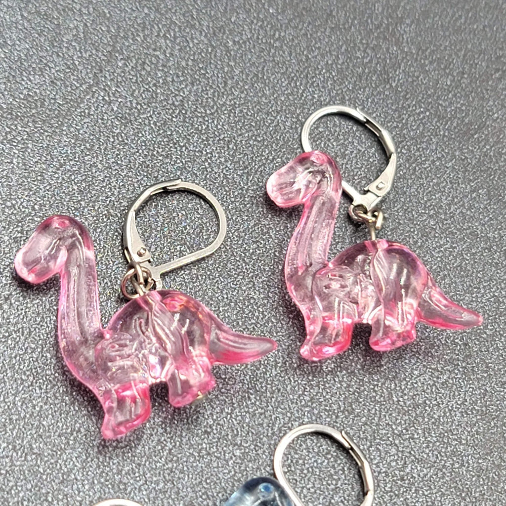 Dinosaur Pierced Earrings Pink Blue Acrylic Dangle 1" Lot of 2 