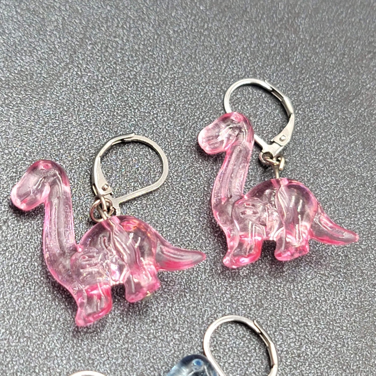 Dinosaur Pierced Earrings Pink Blue Acrylic Dangle 1" Lot of 2 