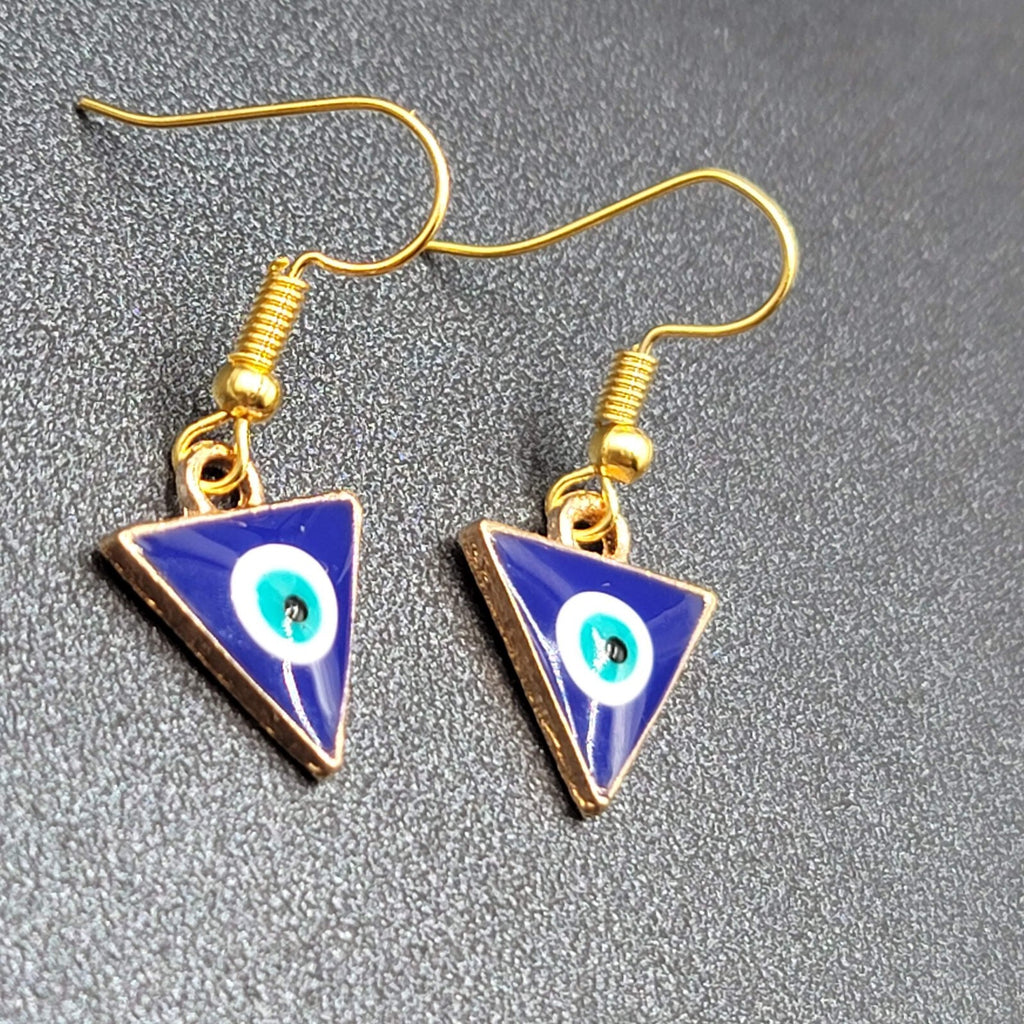Pierced Earrings Gold tone Enamel Evil Eye Triangle Dangle 5/8"
