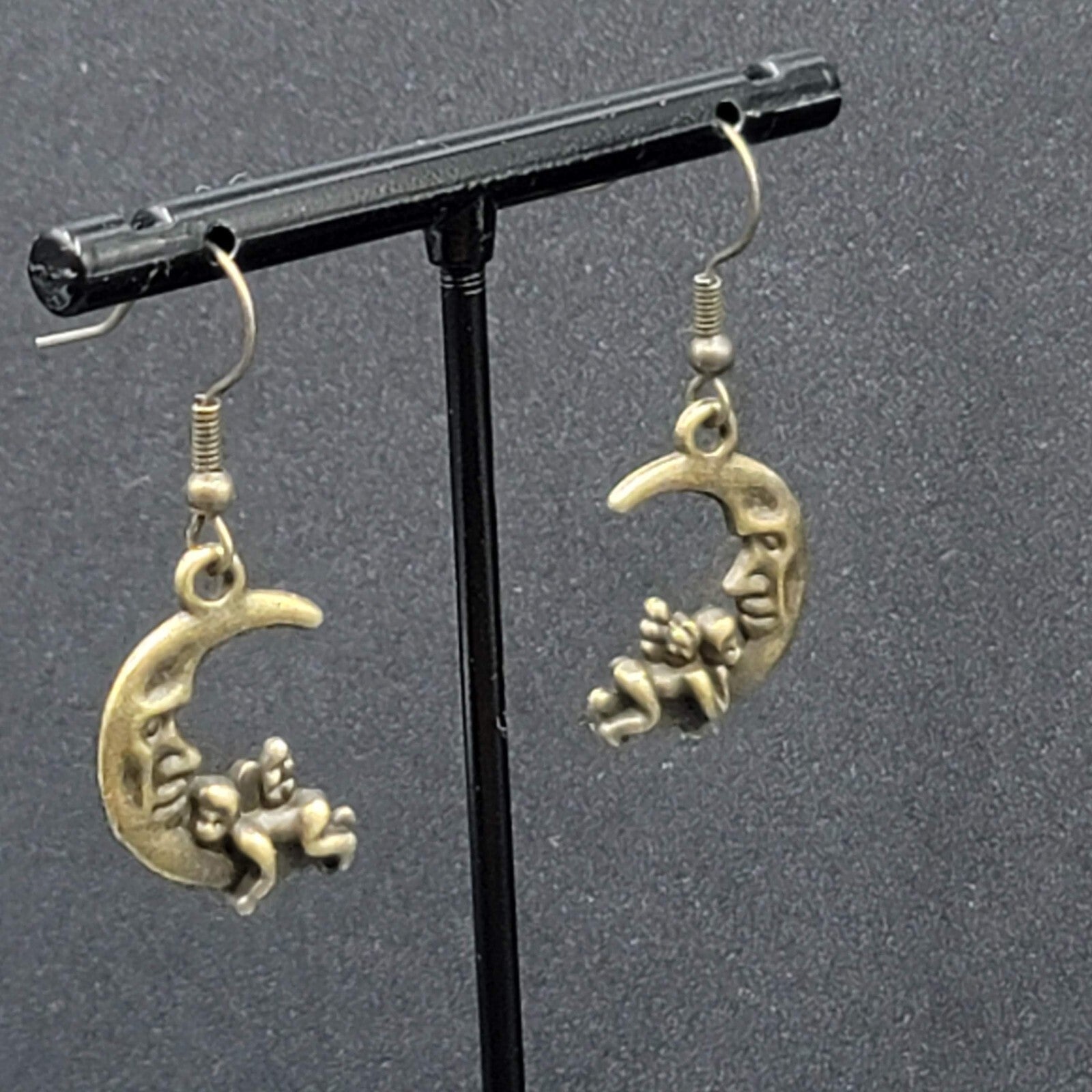 New Cherub Angel Moon Pierced Earrings Bronze tone Dangle 3/4"