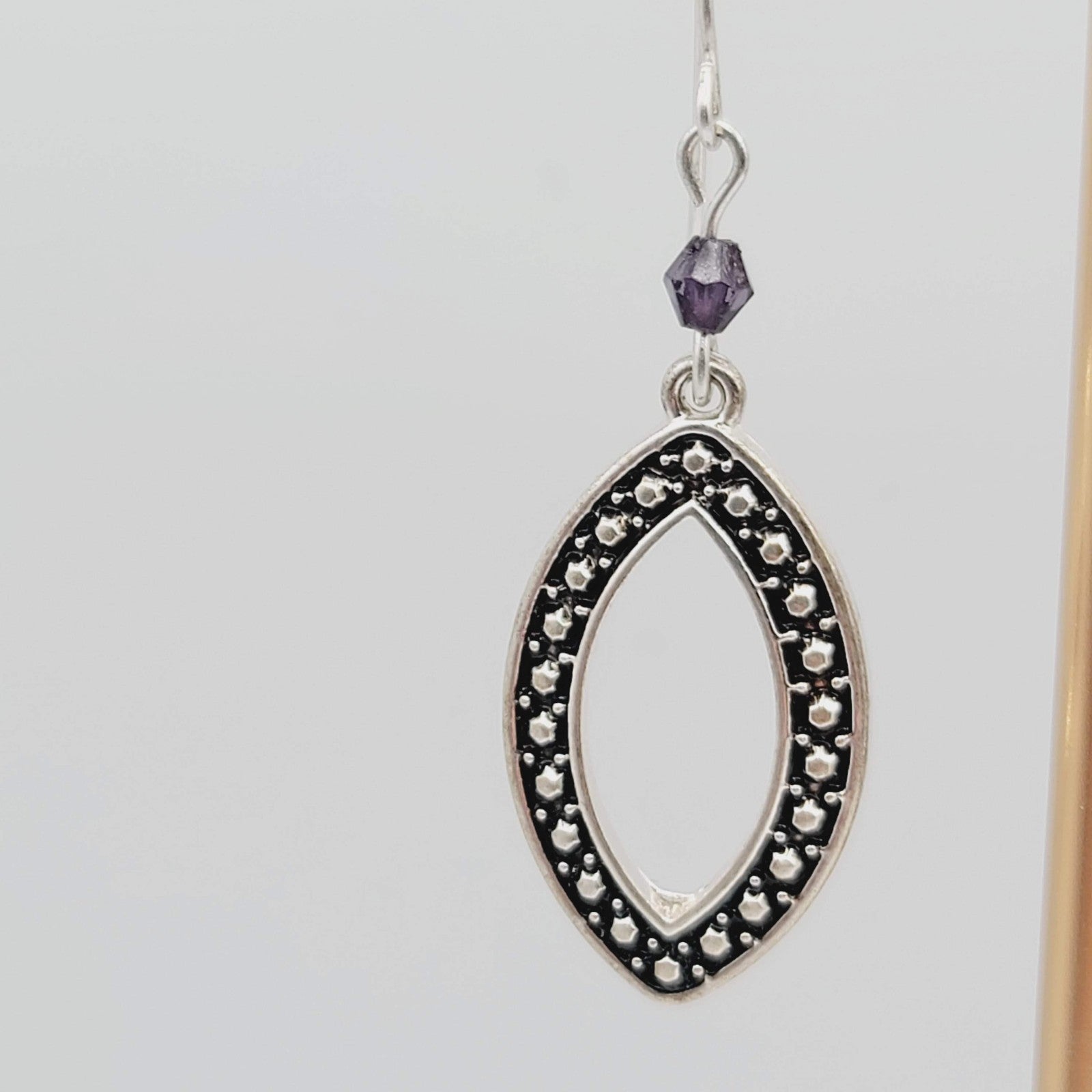 Oxidized Open Work Pierced Earrings Silver tone Dangle Purple Bead 1 1/8 in