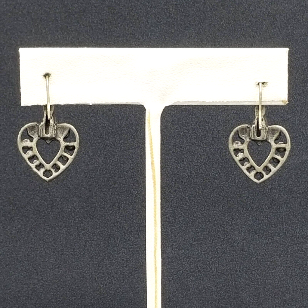 Pierced Earrings Pewter Beaded Open Heart Dangle Dark Gray 7/8"