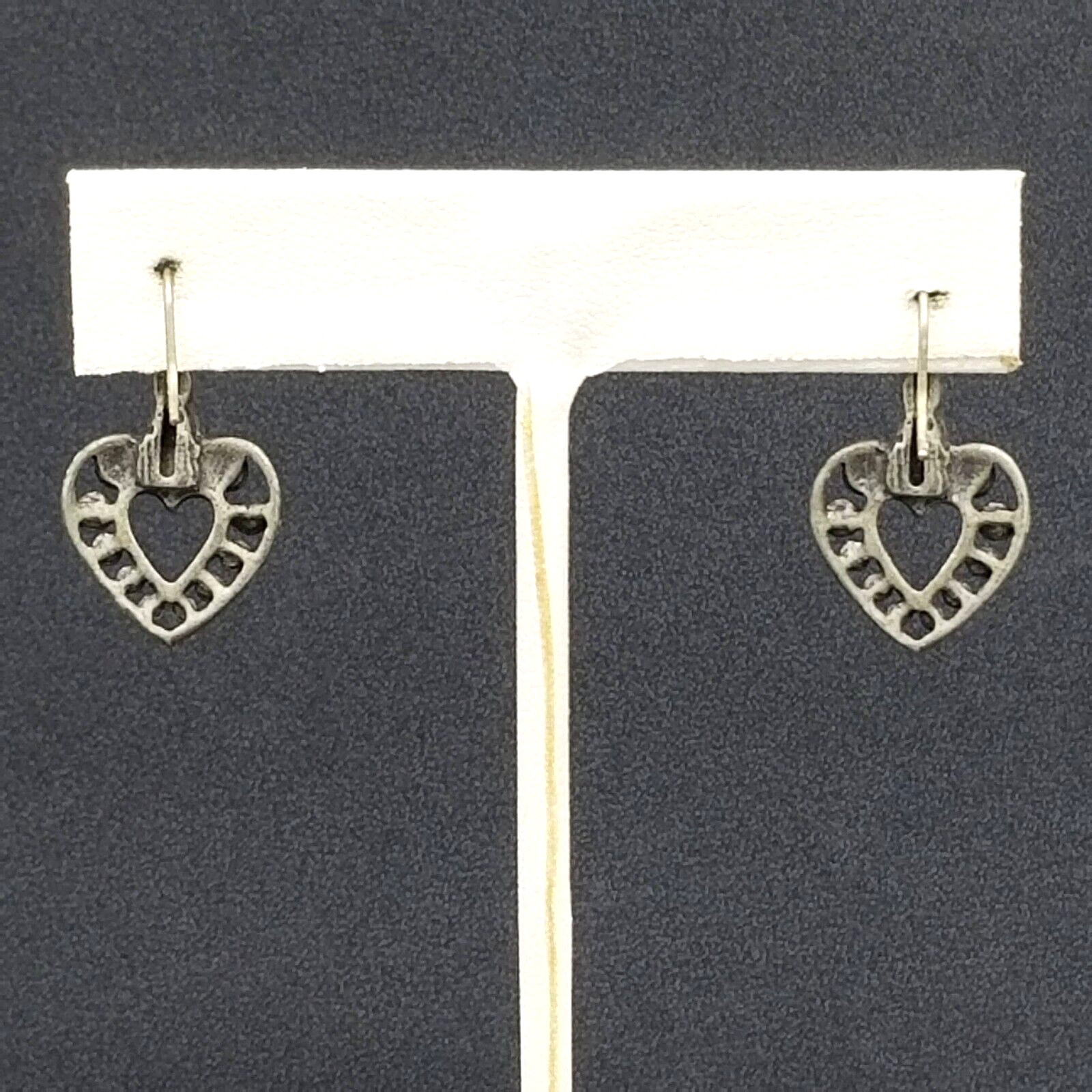 Pierced Earrings Pewter Beaded Open Heart Dangle Dark Gray 7/8"