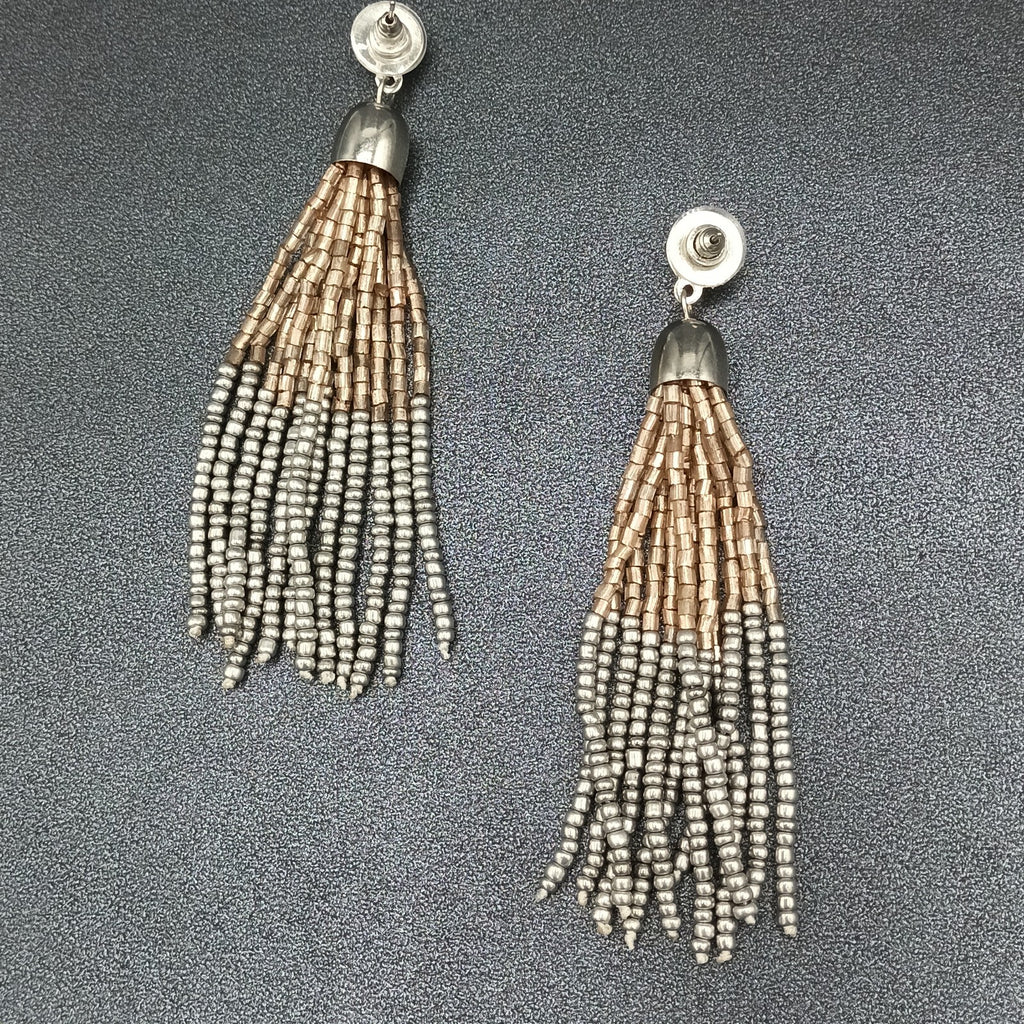 Pierced Earrings Gold and Silver tone Seed Bead Multi Strand Dangle 3.75"