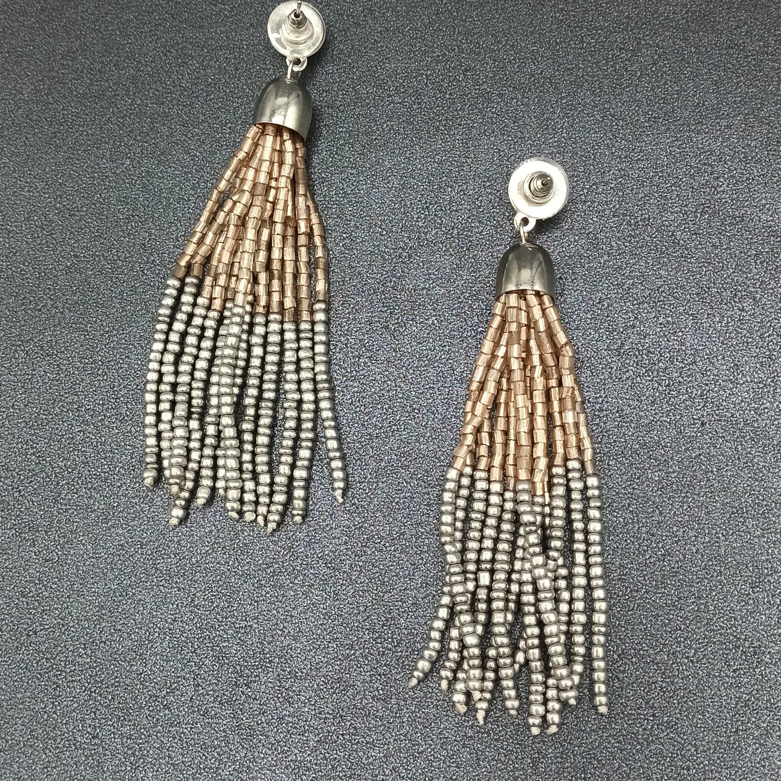 Pierced Earrings Gold and Silver tone Seed Bead Multi Strand Dangle 3.75"