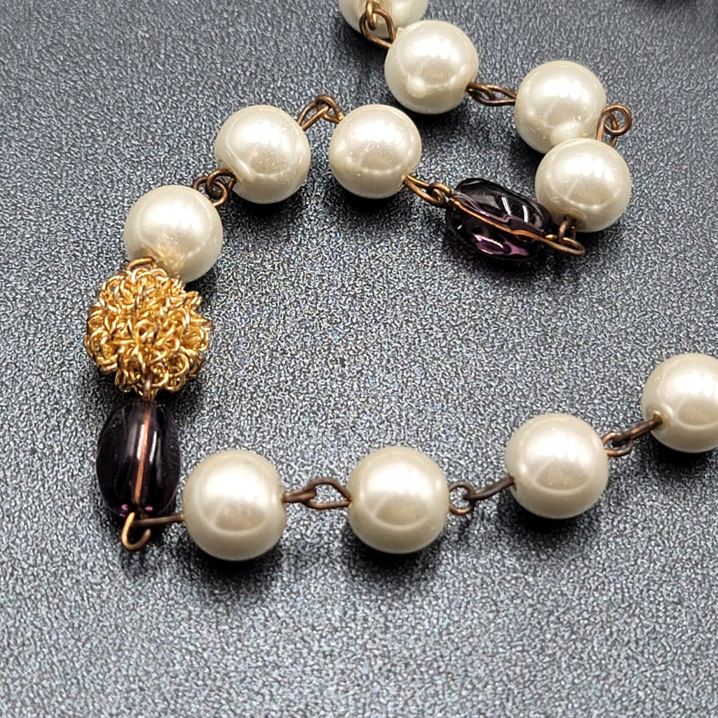 Long Necklace Faux Pearl Gold tone Wire Amethyst and Glass Beads 40"