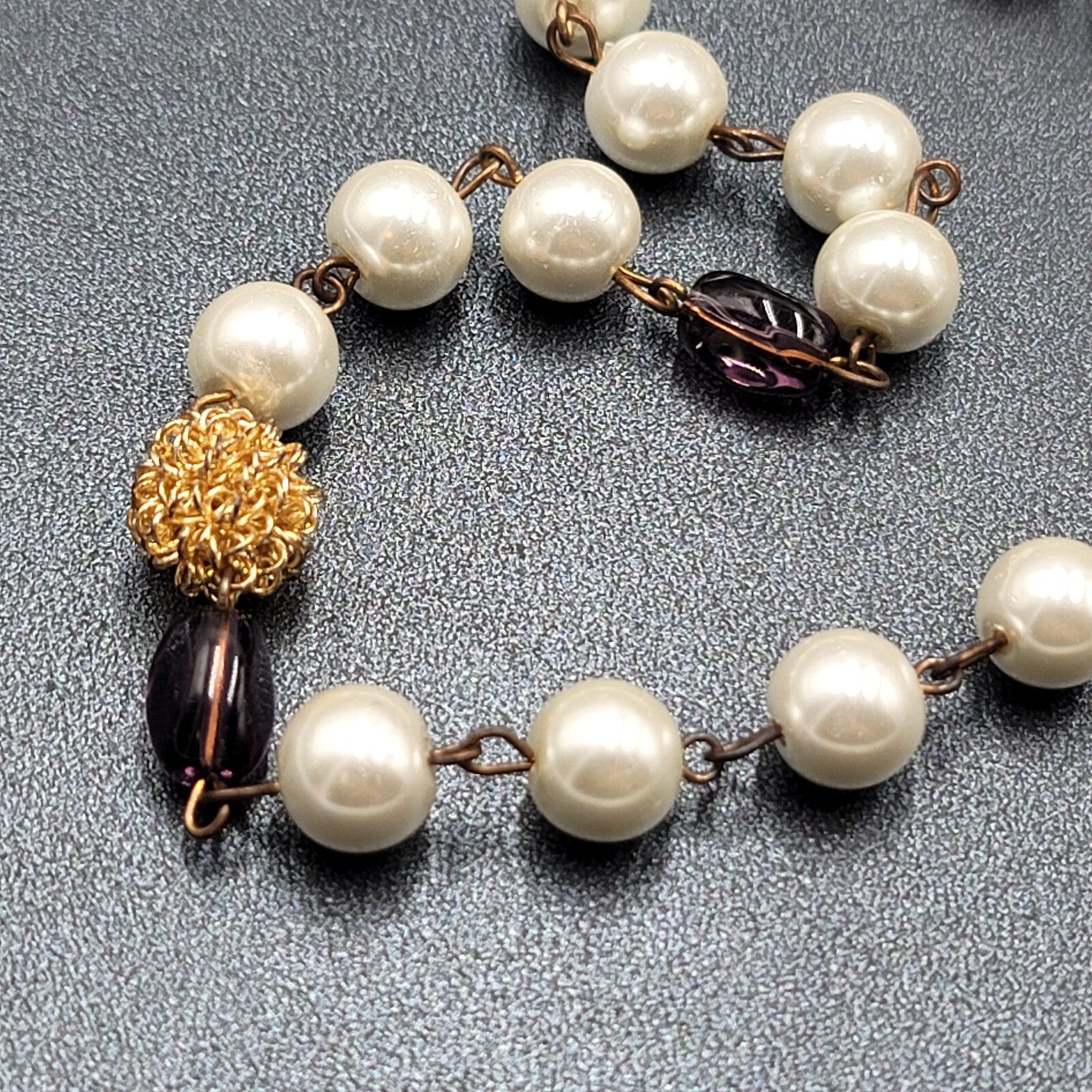 Long Necklace Faux Pearl Gold tone Wire Amethyst and Glass Beads 40"