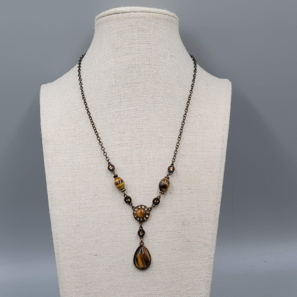 Tigers Eye Y Drop Necklace Bronze Tone Chain Pendant Crystal Accent 18"