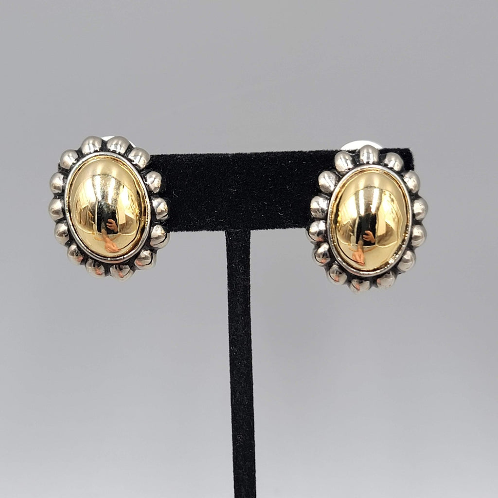 Vintage Two Toned Oval Clip on Earrings Gold Plated Drop 1 in