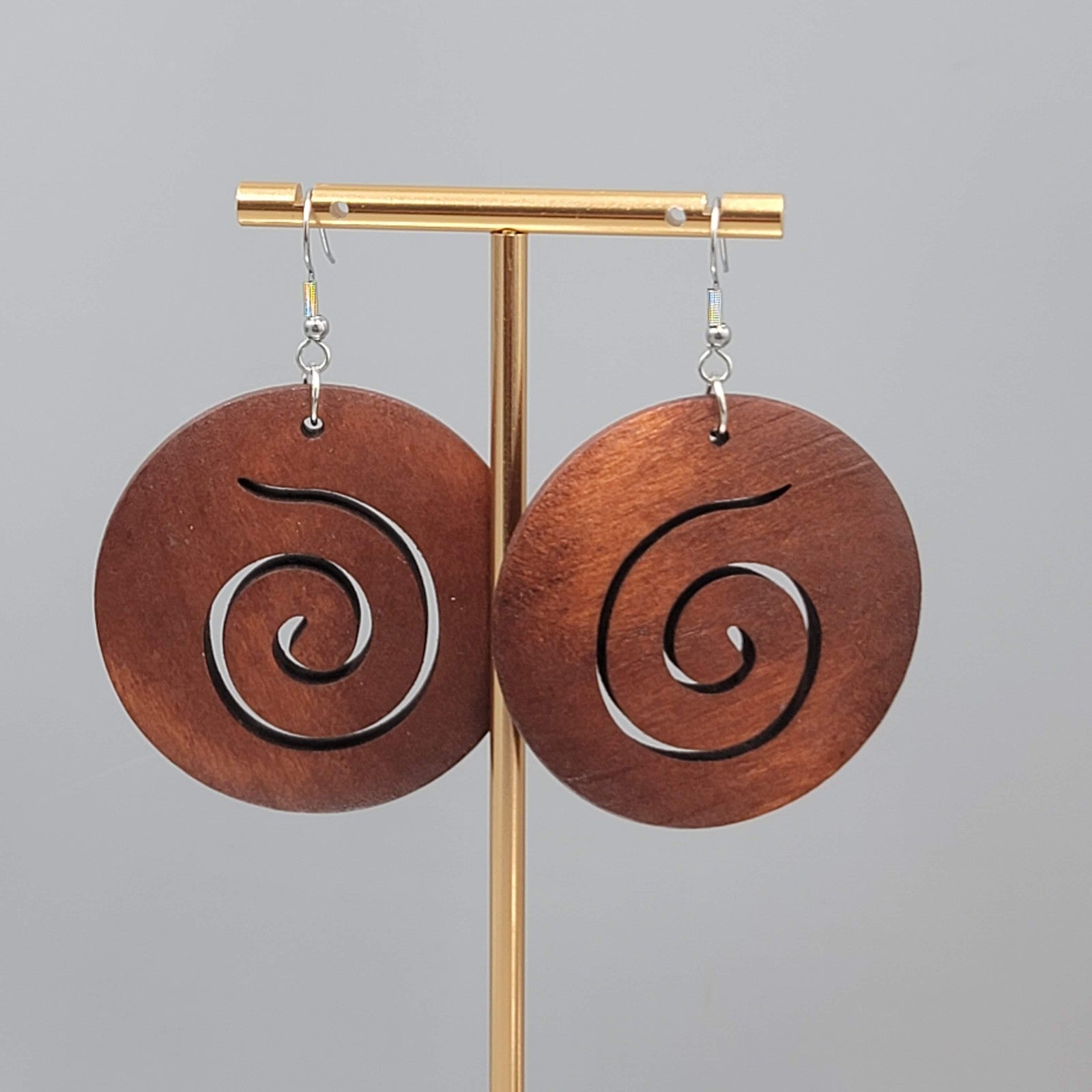 Wood Cut Large Round Swirl Boho Pierced Earrings Silver tone Dangle 2 in