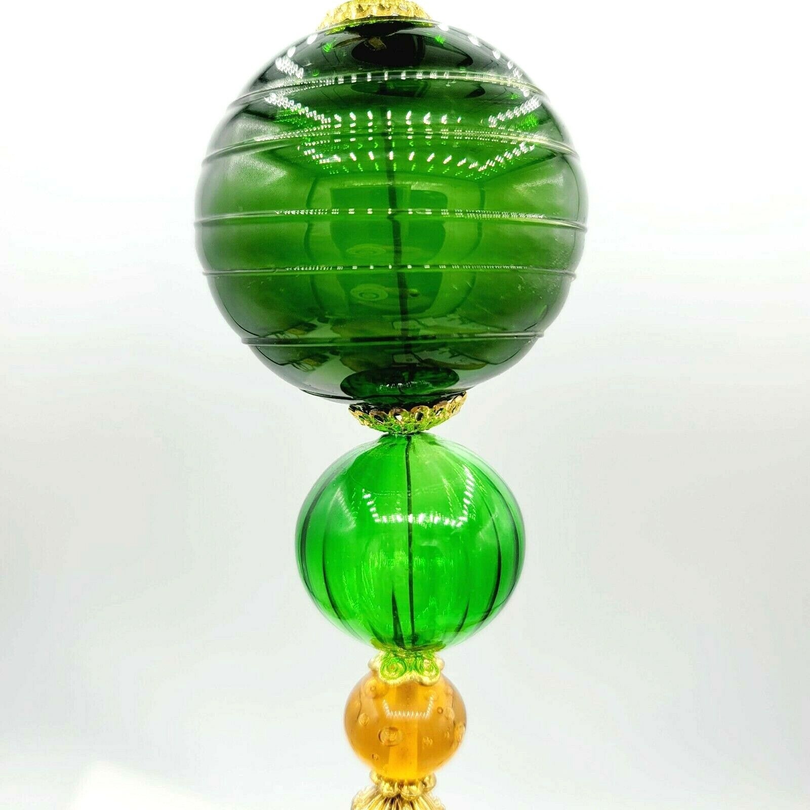 HAND BLOWN GLASS GREEN ORNAMENT 8" Gold Bead Accents Dragonfly