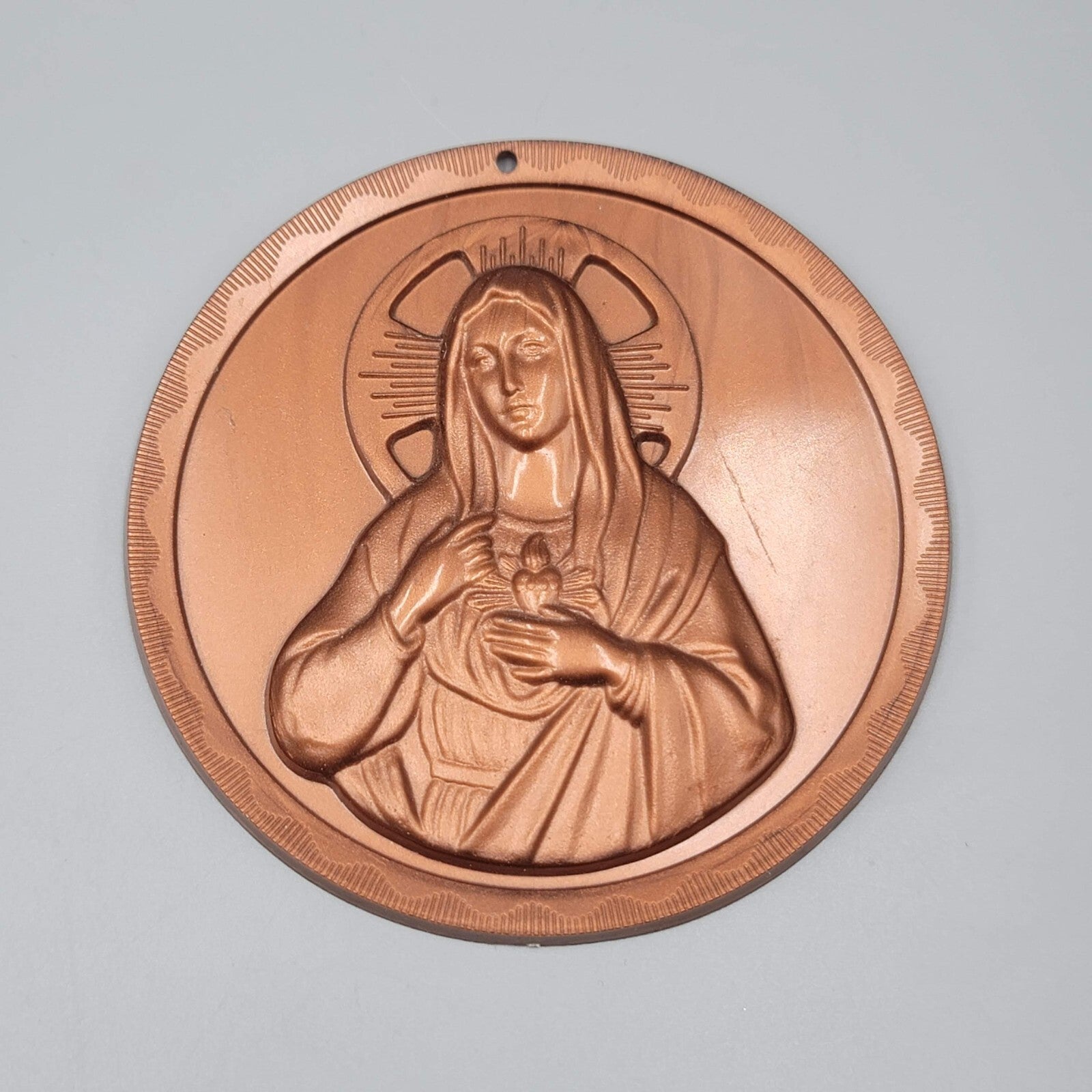 Vintage Mother Mary Plastic Round Plaque Brown 4 5/8"