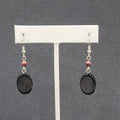 Pierced Earrings Silver tone Black Glass Oval Bead Dangle 1.25"
