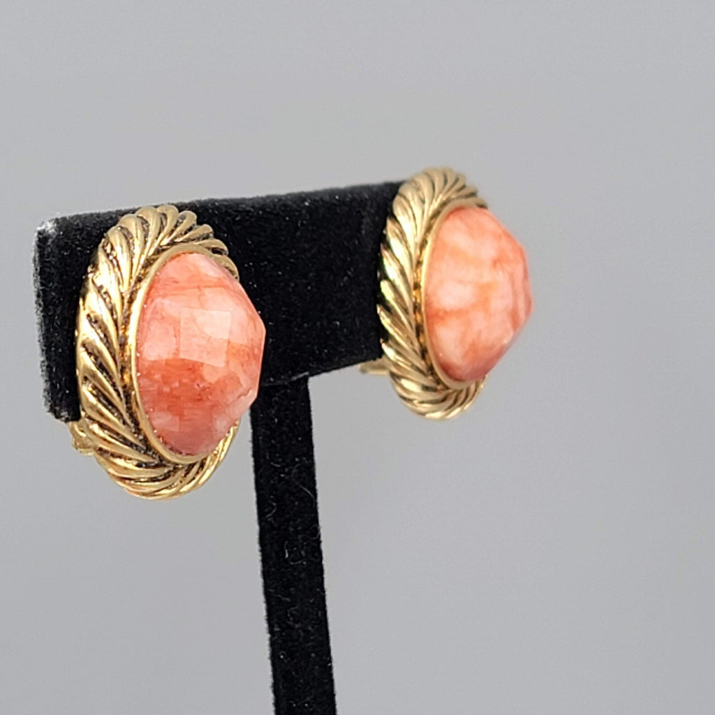 Vintage Orange White Faceted Gold tone Clip on Earrings Round 3/4"