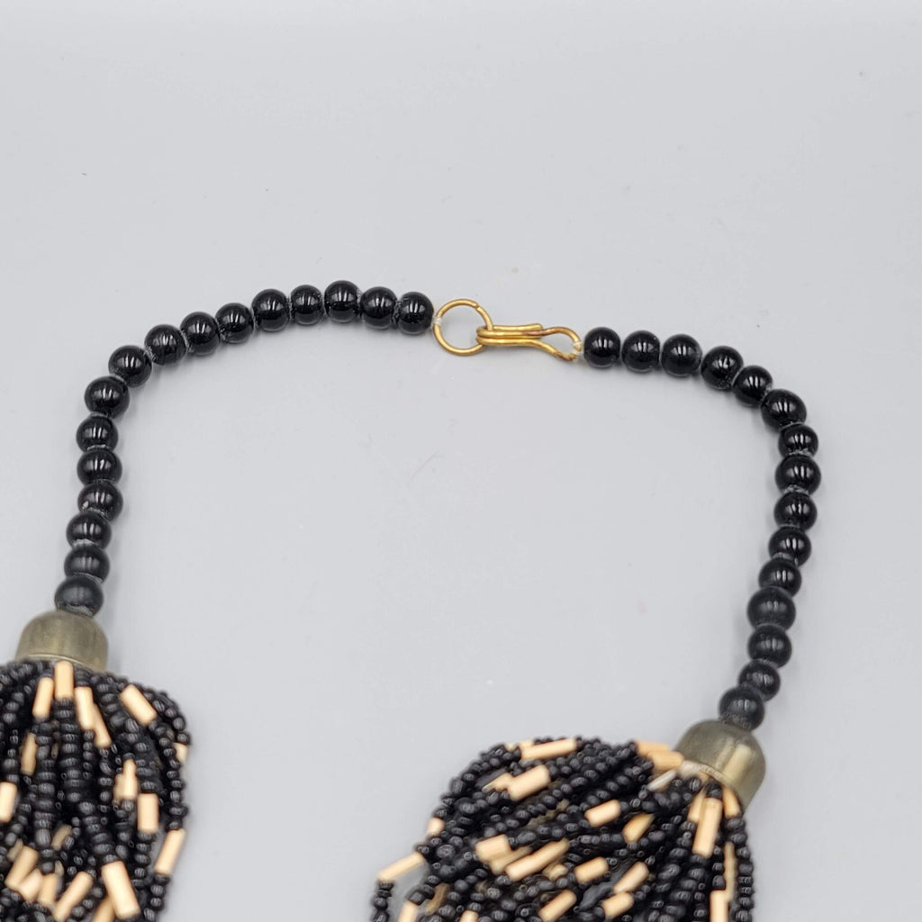 Large Statement Elephant Necklace Black Seed Bead Multi Strand 42"