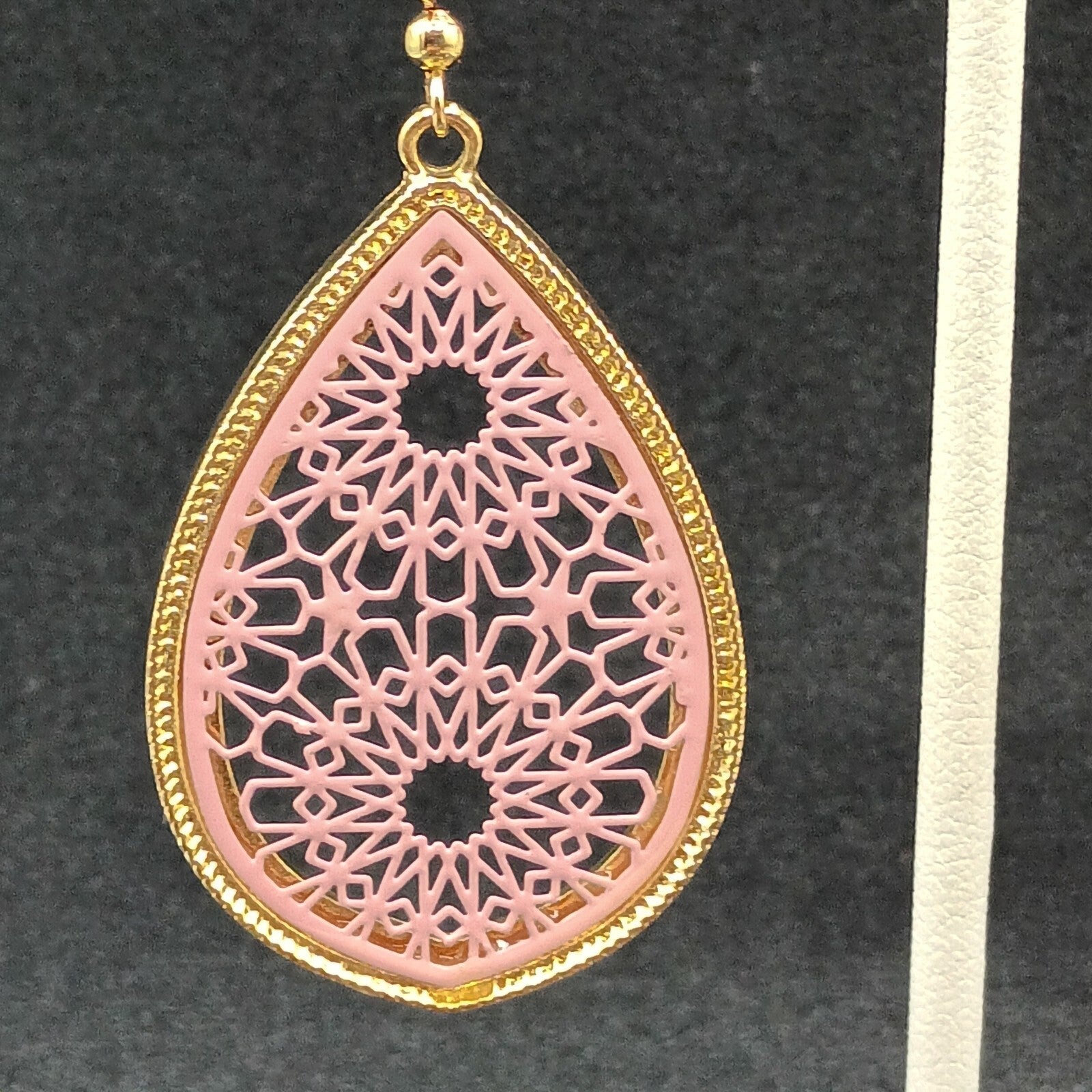 Pierced Earrings Gold tone Pink Acrylic Open Work Teardrop Dangle  1 3/4"